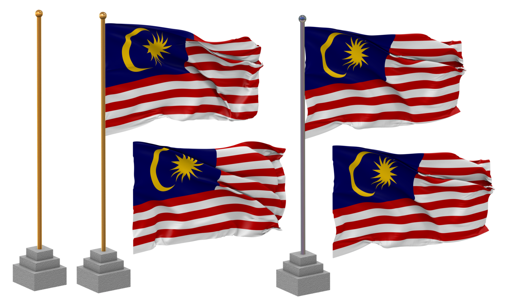 Malaysia Flag Waving Different Style With Stand Pole Isolated, 3D Rendering png