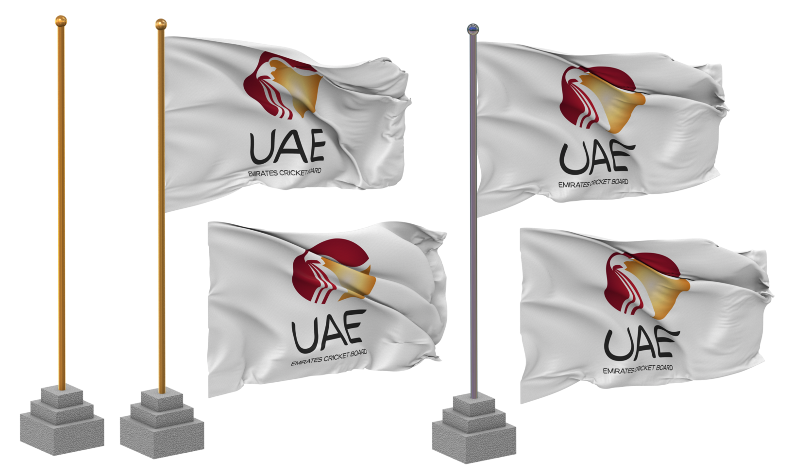 United Arab Emirates Cricket Board Flag Waving Different Style With Stand Pole Isolated, 3D Rendering png