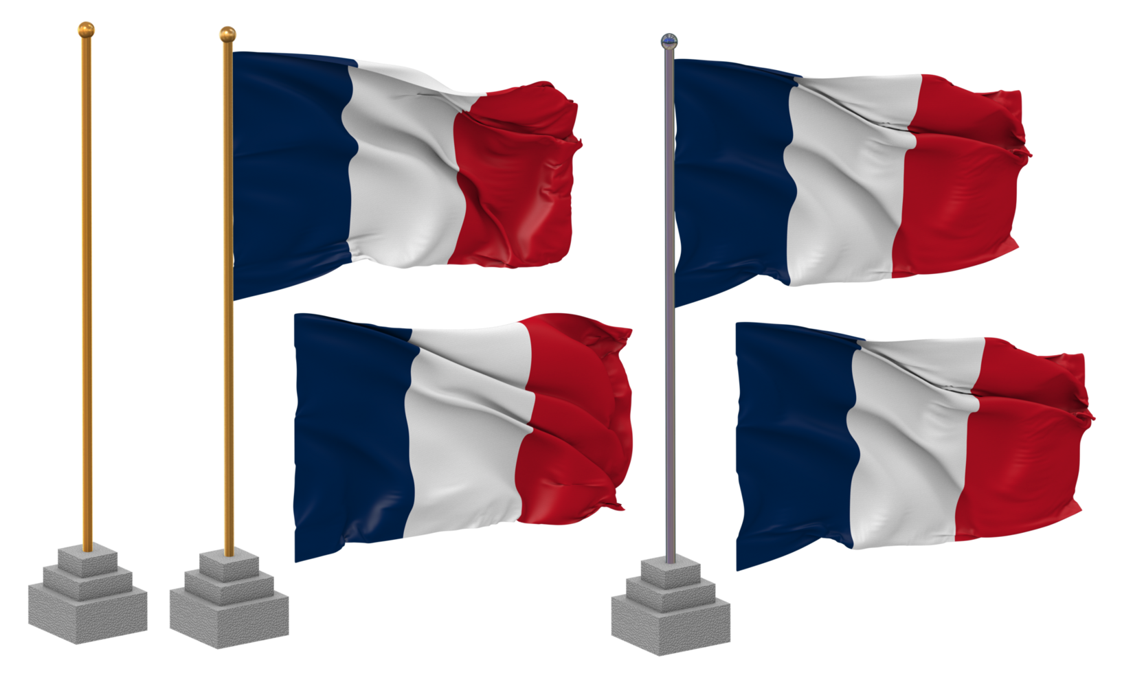 France Flag Waving Different Style With Stand Pole Isolated, 3D Rendering png