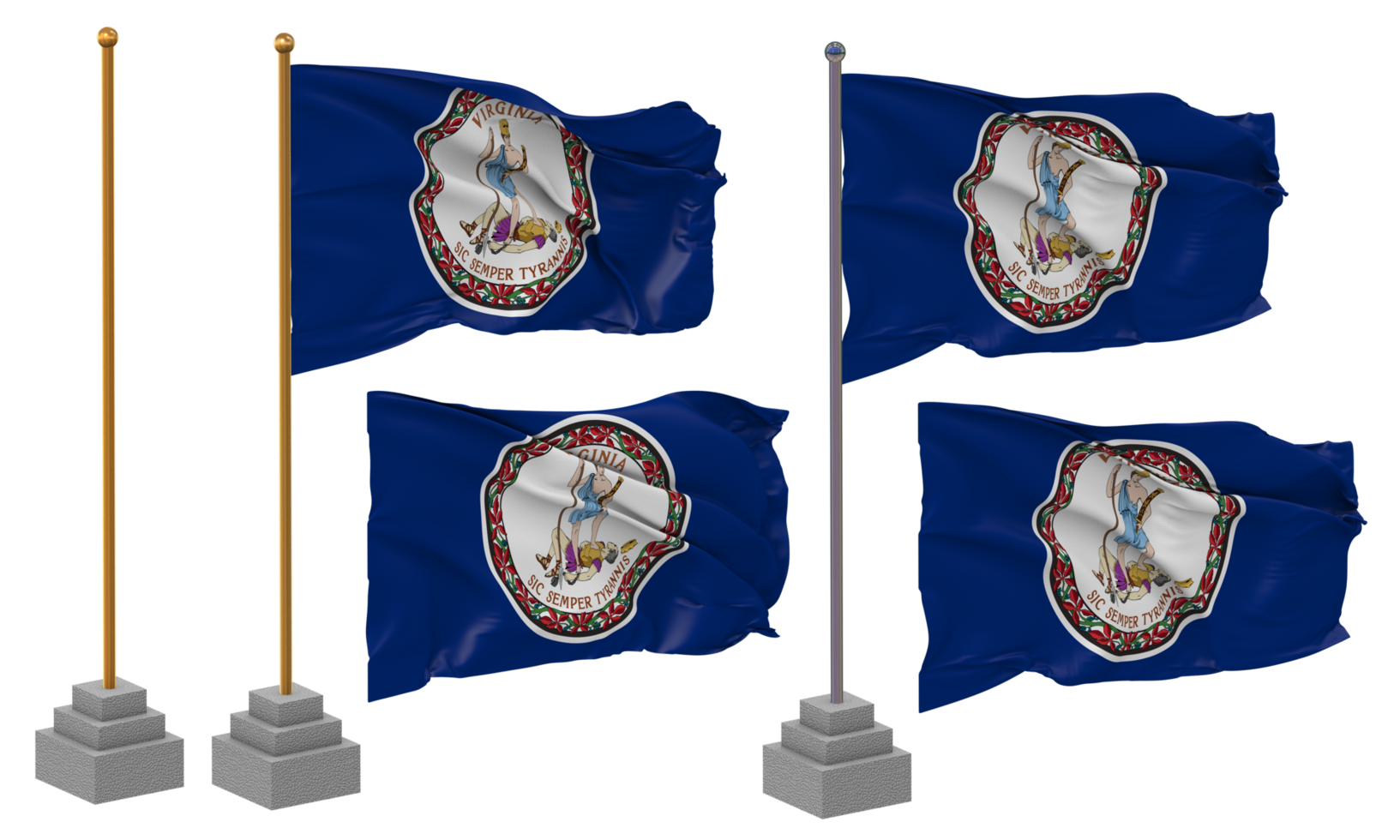 State of Virginia Flag Waving Different Style With Stand Pole Isolated, 3D Rendering png