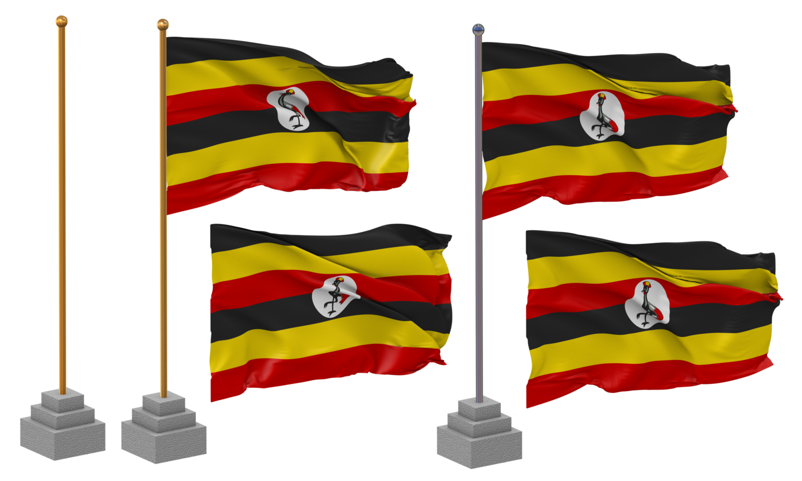 Uganda Flag Waving, Stand, Pole, Isolated, 3d illustration, 3d rendering, Flag, Golden, png