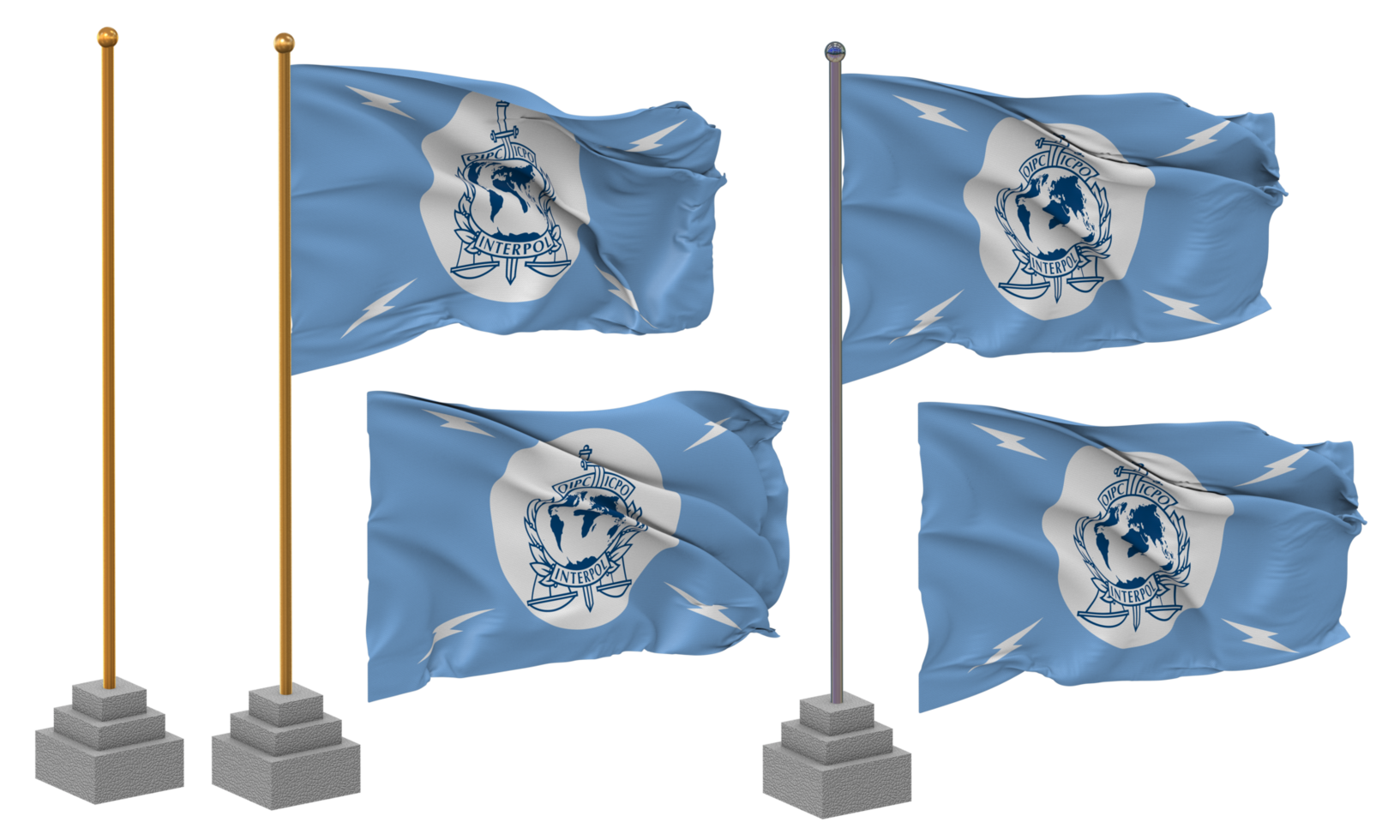 International Criminal Police Organization, ICPO, INTERPOL Flag Waving Different Style With Stand Pole Isolated, 3D Rendering png