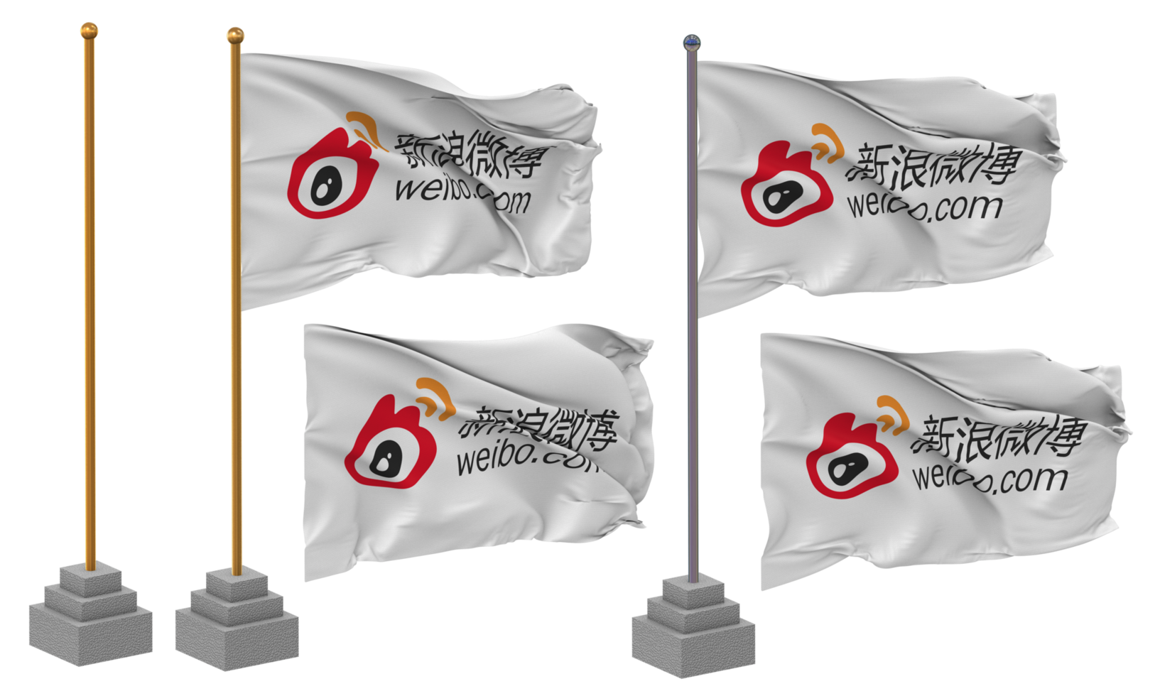 Weibo Flag Waving Different Style With Stand Pole Isolated, 3D Rendering png