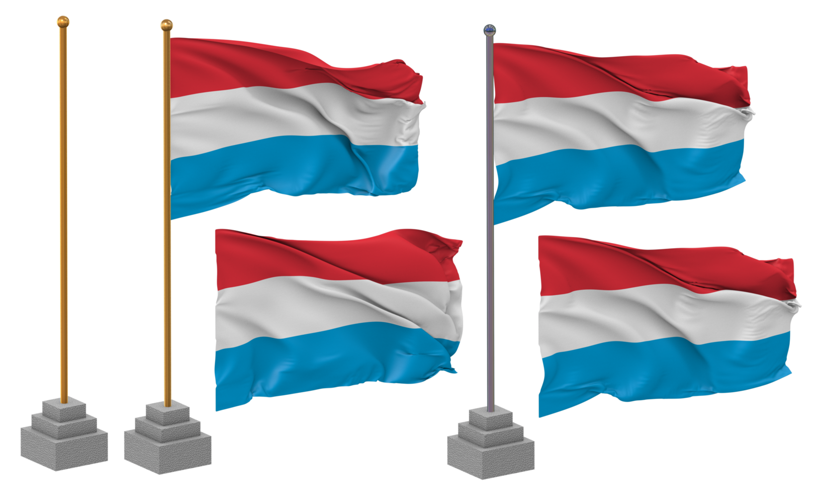 Luxembourg Flag Waving Different Style With Stand Pole Isolated, 3D Rendering png