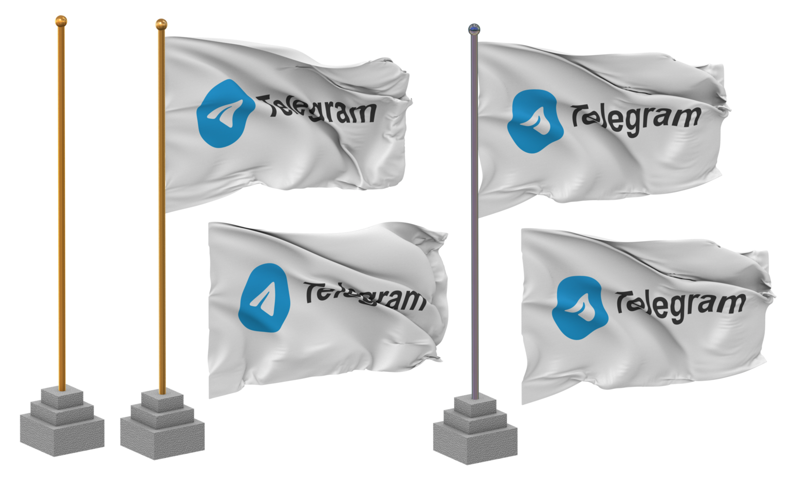 Telegram Flag Waving Different Style With Stand Pole Isolated, 3D Rendering png