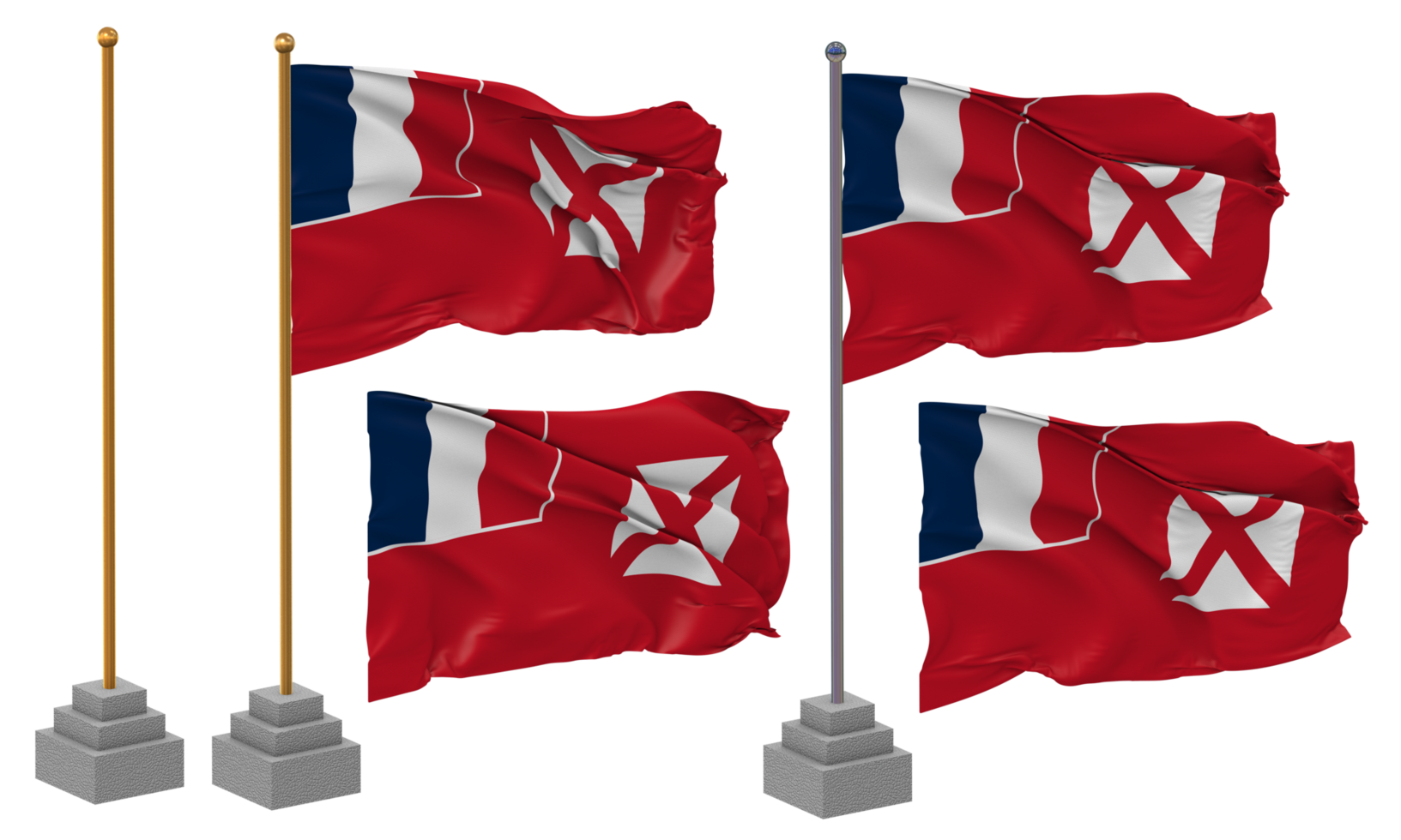 Wallis and Futuna Flag Waving Different Style With Stand Pole Isolated, 3D Rendering png