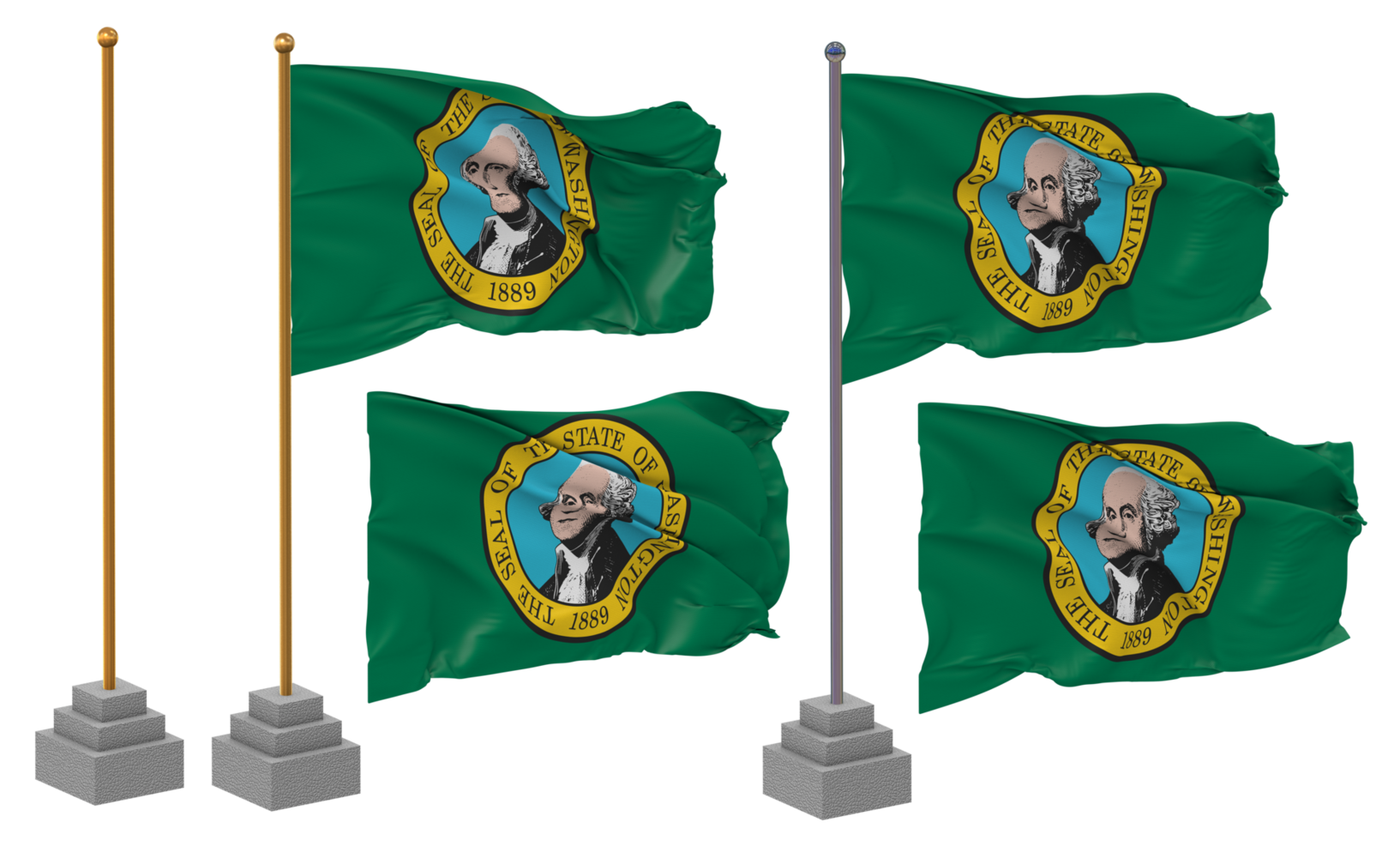 State of Washington Flag Waving Different Style With Stand Pole Isolated, 3D Rendering png