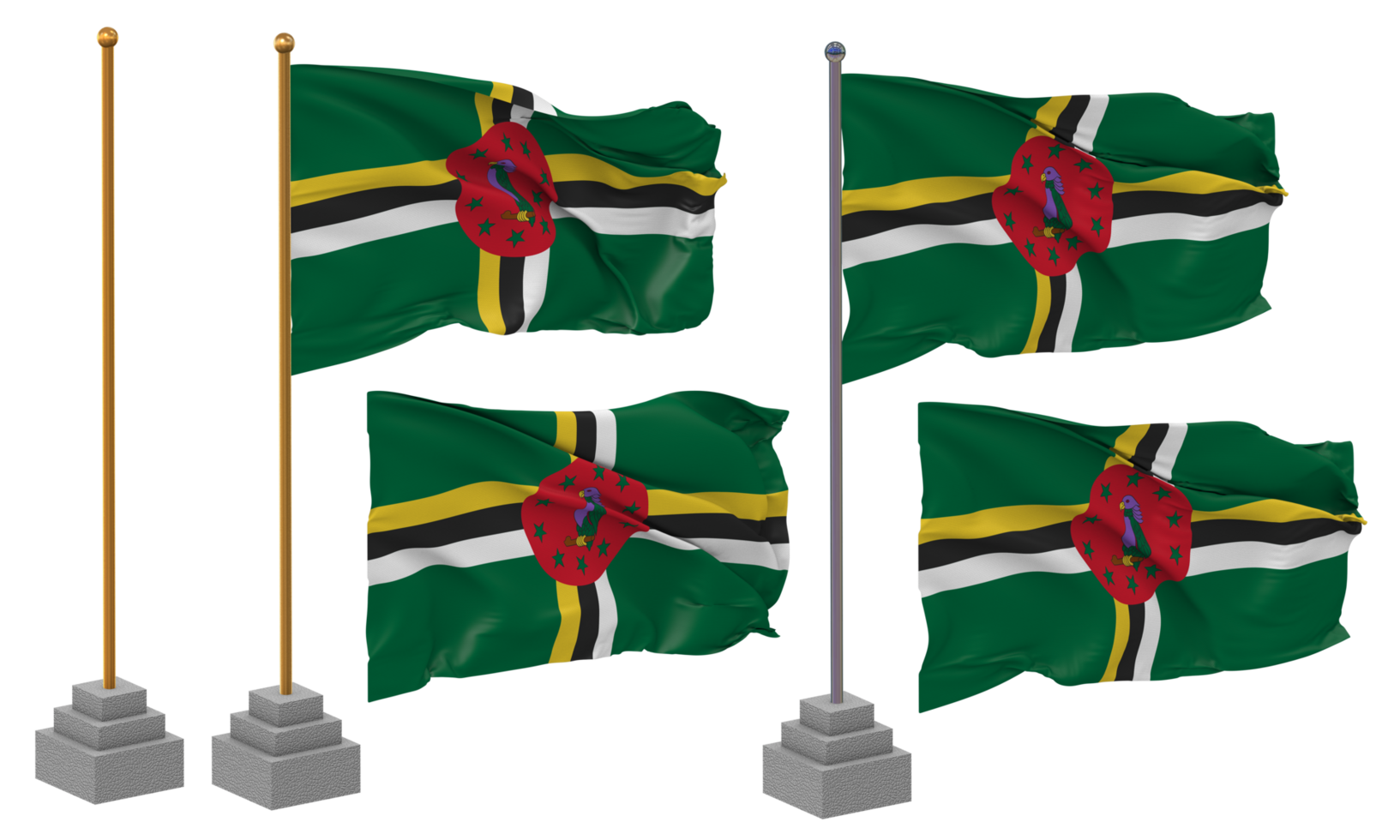 Dominica Flag Waving Different Style With Stand Pole Isolated, 3D Rendering png