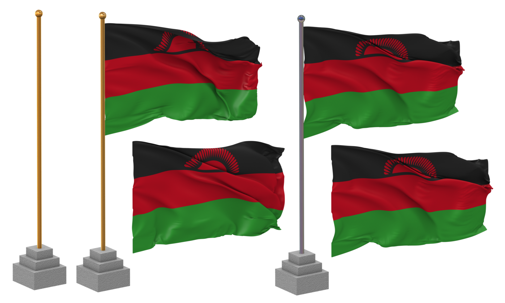 Malawi Flag Waving Different Style With Stand Pole Isolated, 3D Rendering png