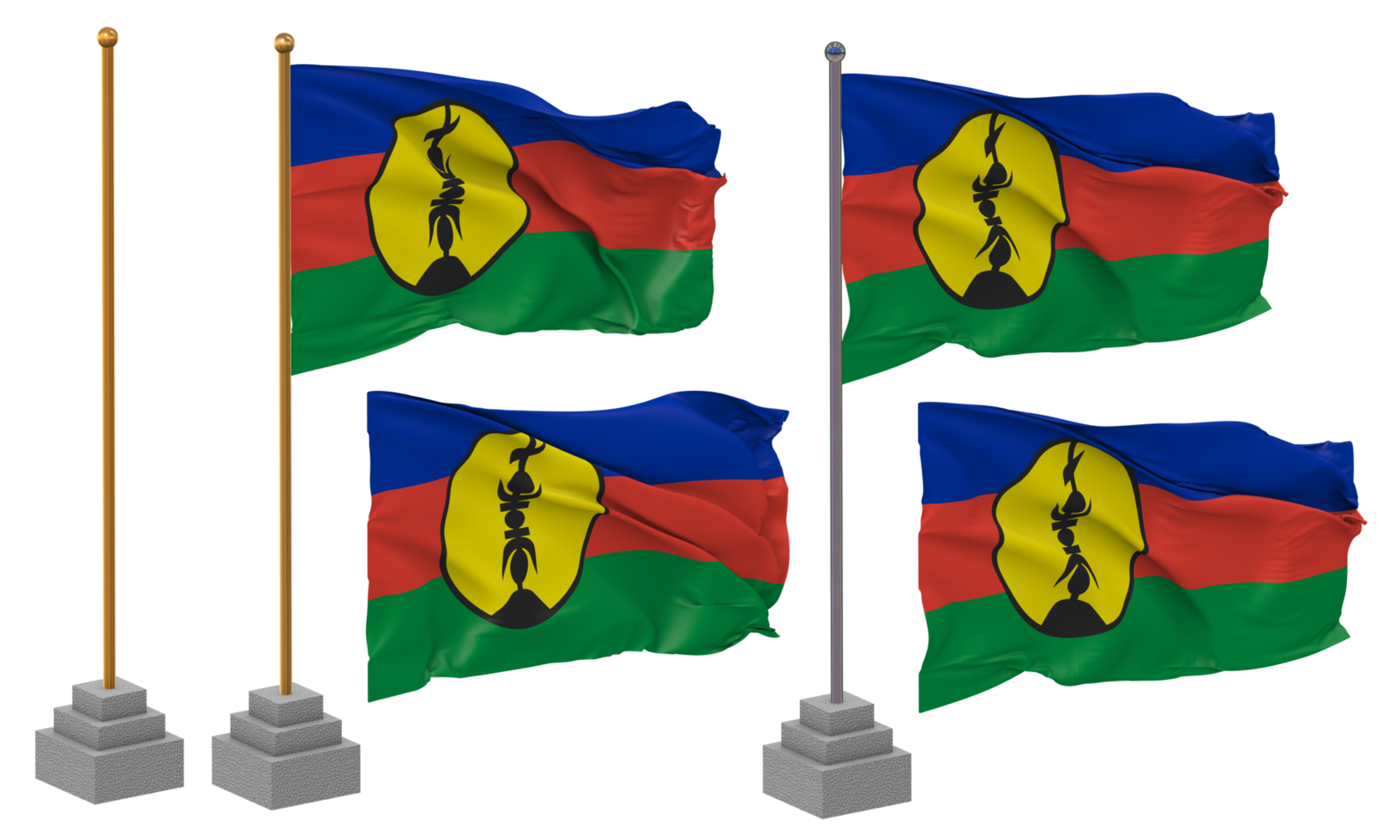 New Caledonia Flag Waving Different Style With Stand Pole Isolated, 3D Rendering png