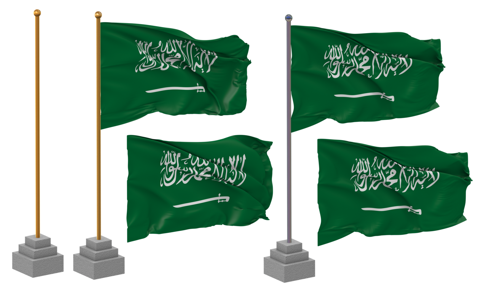 KSA, Kingdom of Saudi Arabia Flag Waving Different Style With Stand Pole Isolated, 3D Rendering png