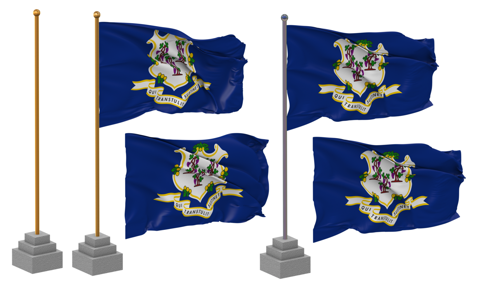 State of Connecticut Flag Waving, Stand, Pole, Isolated, 3d illustration, 3d rendering, Flag, Golden, png
