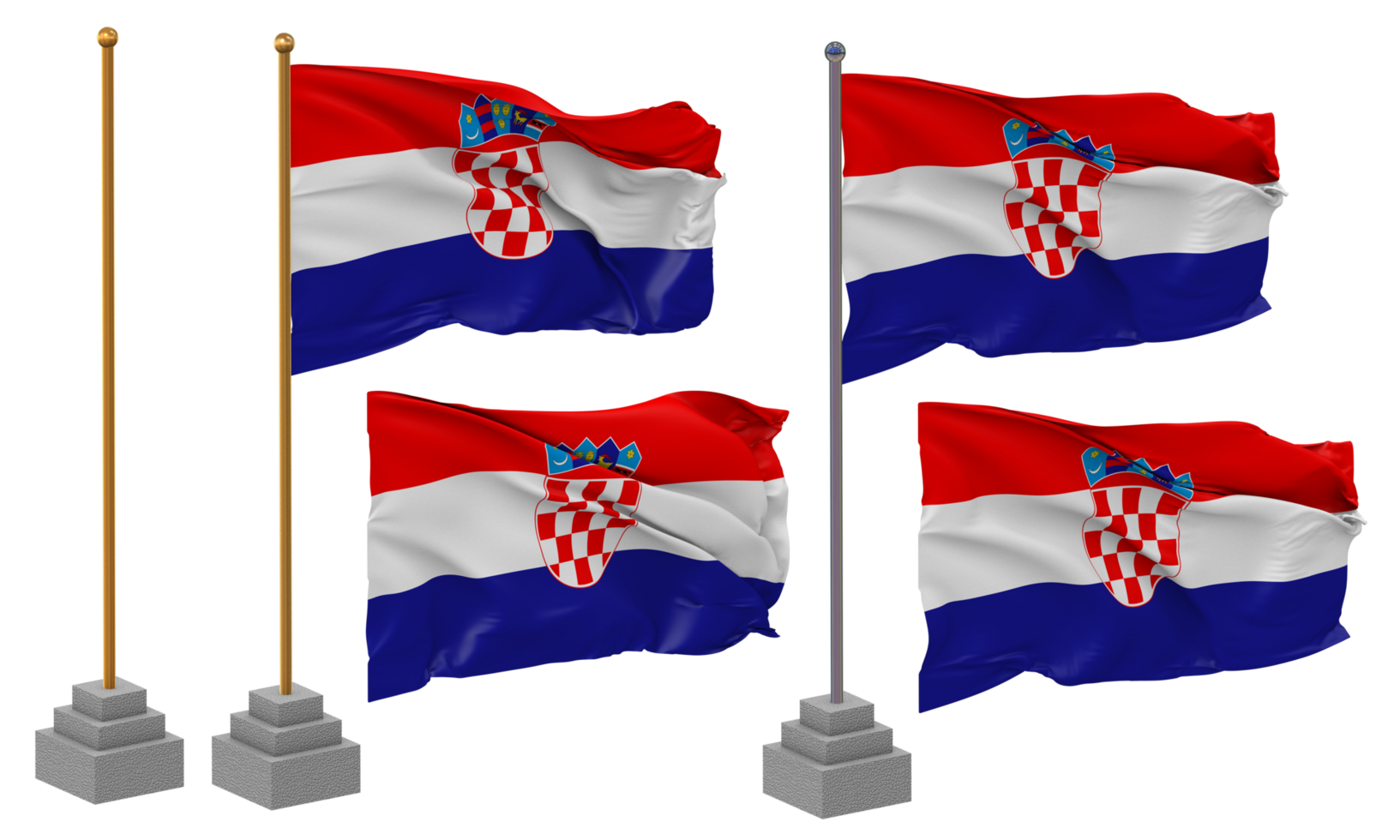 Croatia Flag Waving Different Style With Stand Pole Isolated, 3D Rendering png