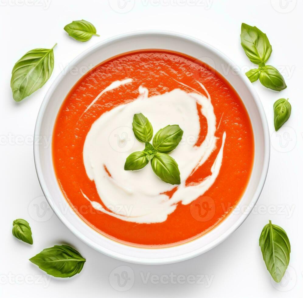 Tomato soup puree in a bowl with cream and fresh basil leaves, isolated on white background. Top view. AI Generated photo