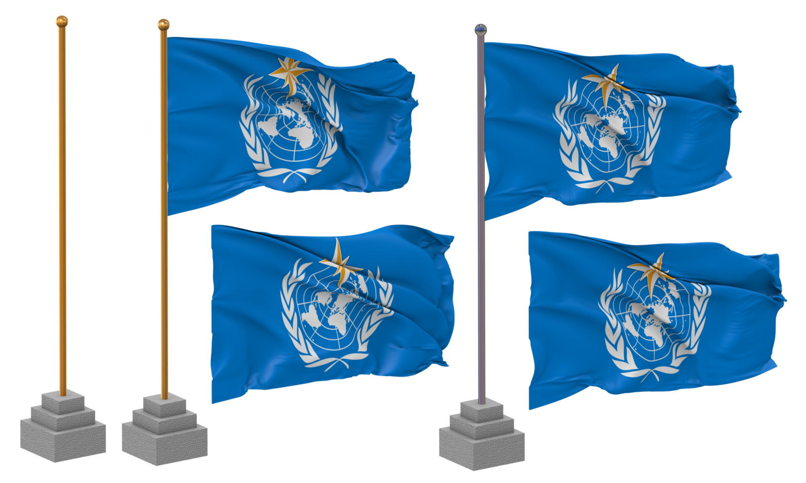 World Meteorological Organization, WMO Flag Waving Different Style With Stand Pole Isolated, 3D Rendering png