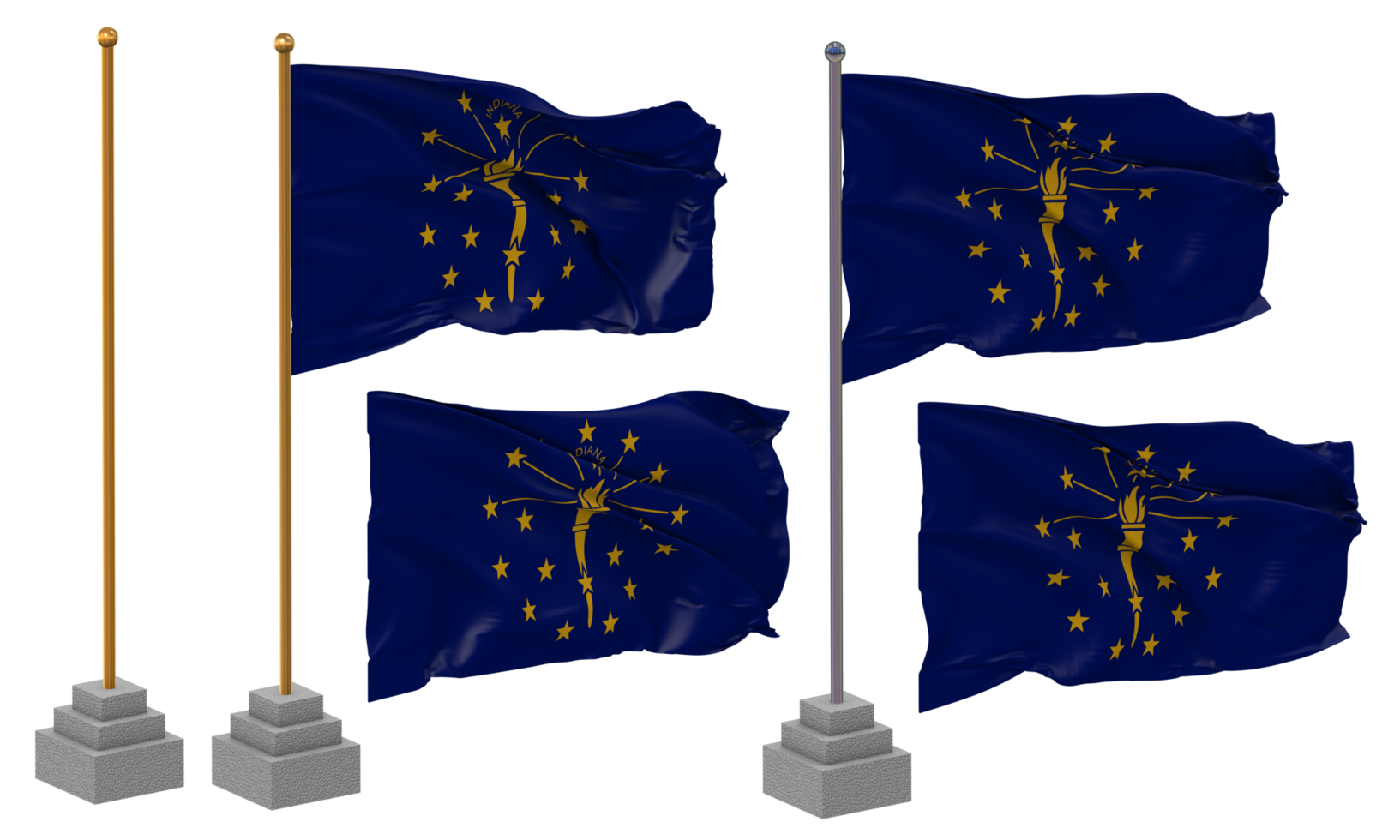 State of Indiana Flag Waving, Stand, Pole, Isolated, 3d illustration, 3d rendering, Flag, Golden, png