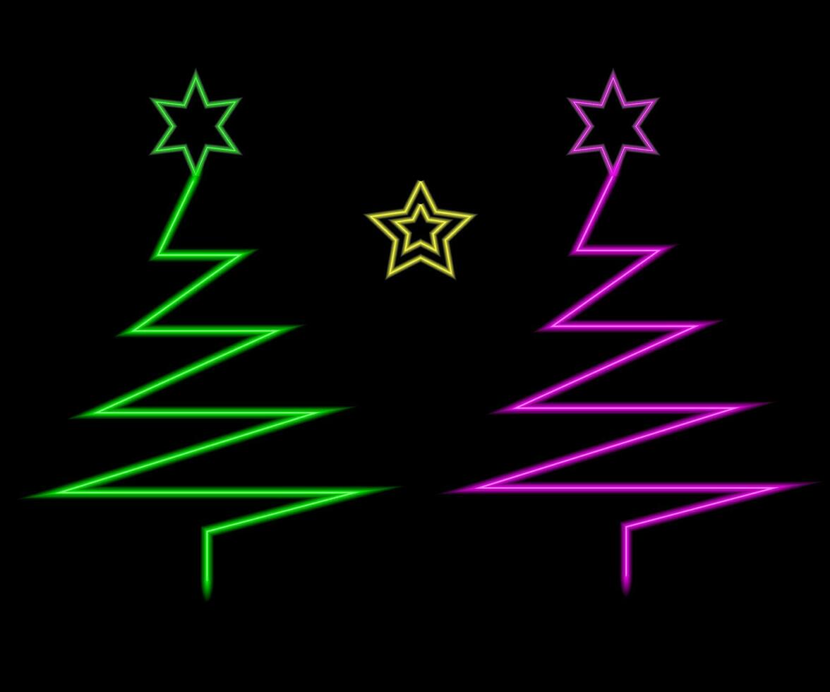 Neon Christmas tree with star, glowing icon. Neon New Year tree silhouette, outline Christmas tree in vivid colors. Festive fir with neon light. Icon set, sign, symbol for UI. Vector illustration