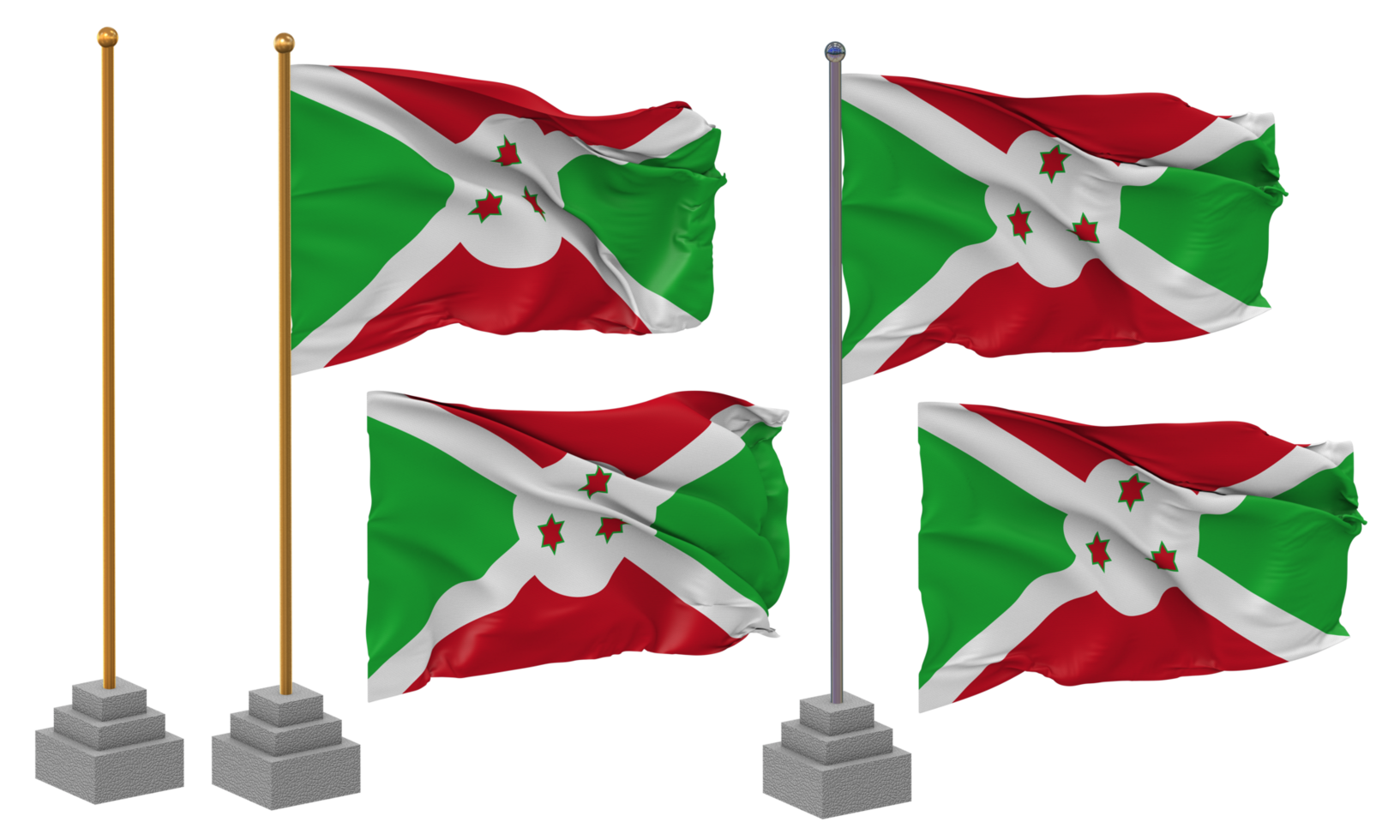 Burundi Flag Waving Different Style With Stand Pole Isolated, 3D Rendering png