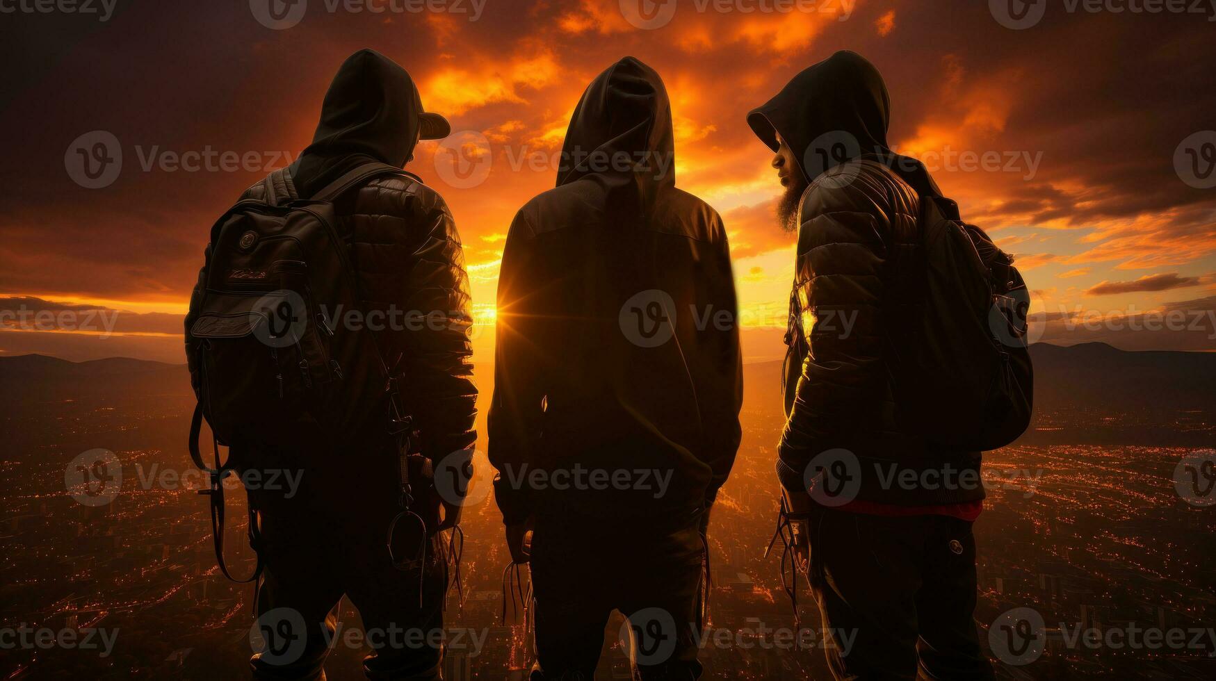 Silhouette of a rab band group of african american on the background of sunset city. photo