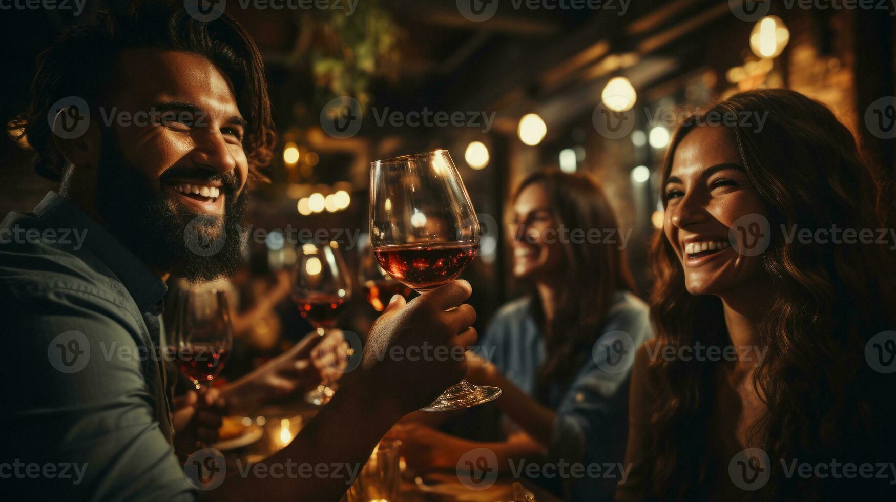 Cheerful friends toasting with glasses of red wine in restaurant. photo