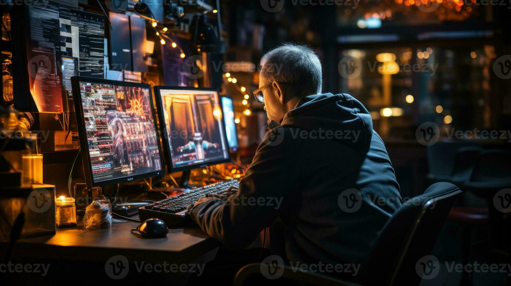 Side view of mature programmer man working on computer at night. photo