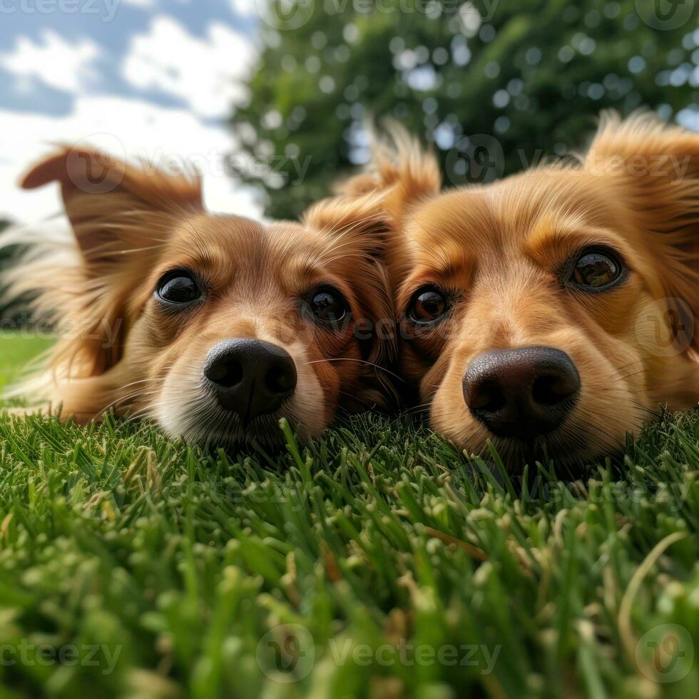 retrato de dos perro en el césped en el parque. ai generado foto