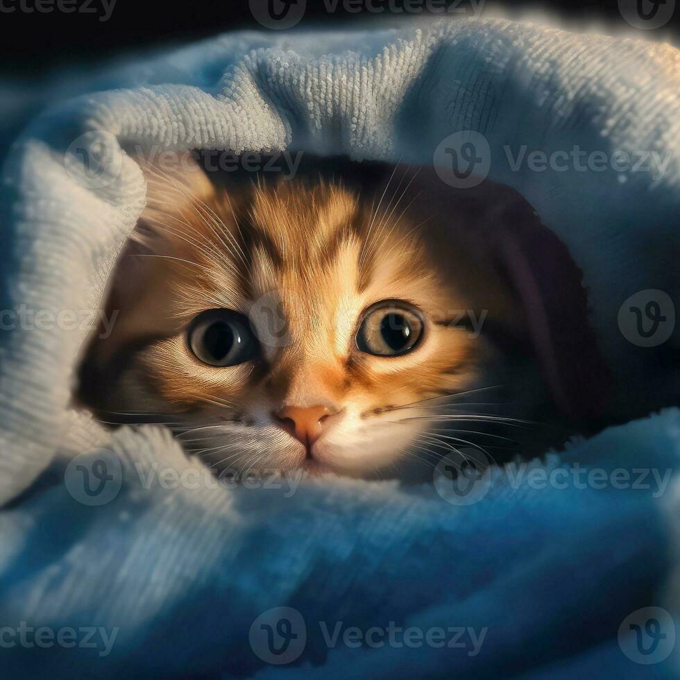 Cute kitten hiding wrapped in a blanket. Generative Ai photo