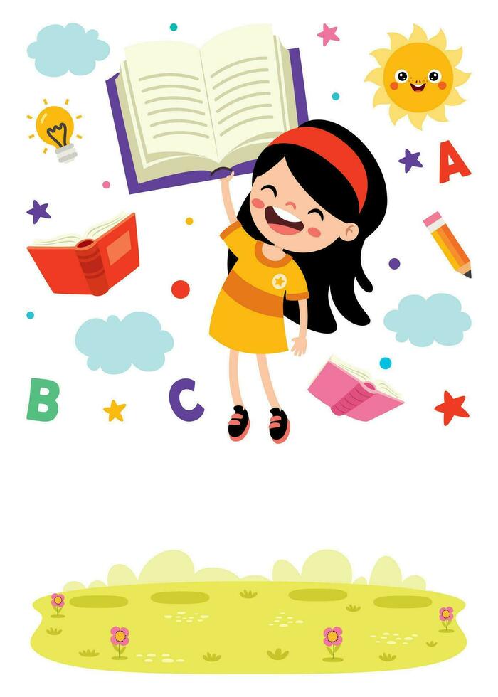 Cartoon Kid Flying With Book vector