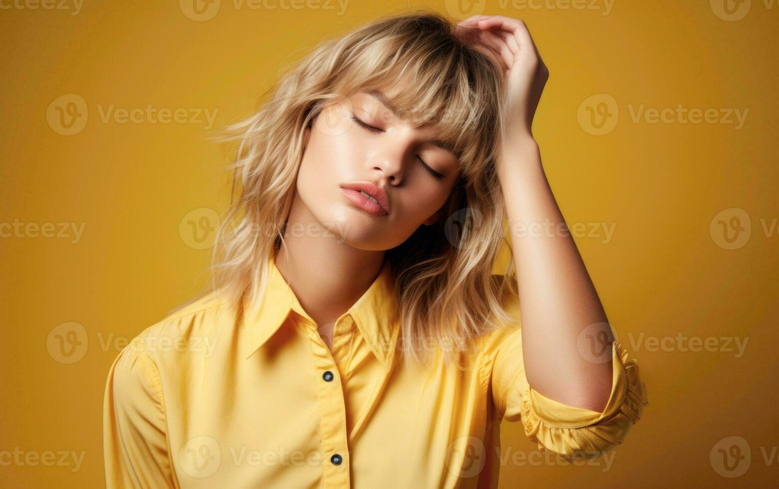 Portrait of a young and beautiful woman with closed eyes wearing a yellow blouse against a yellow background. AI generative photo