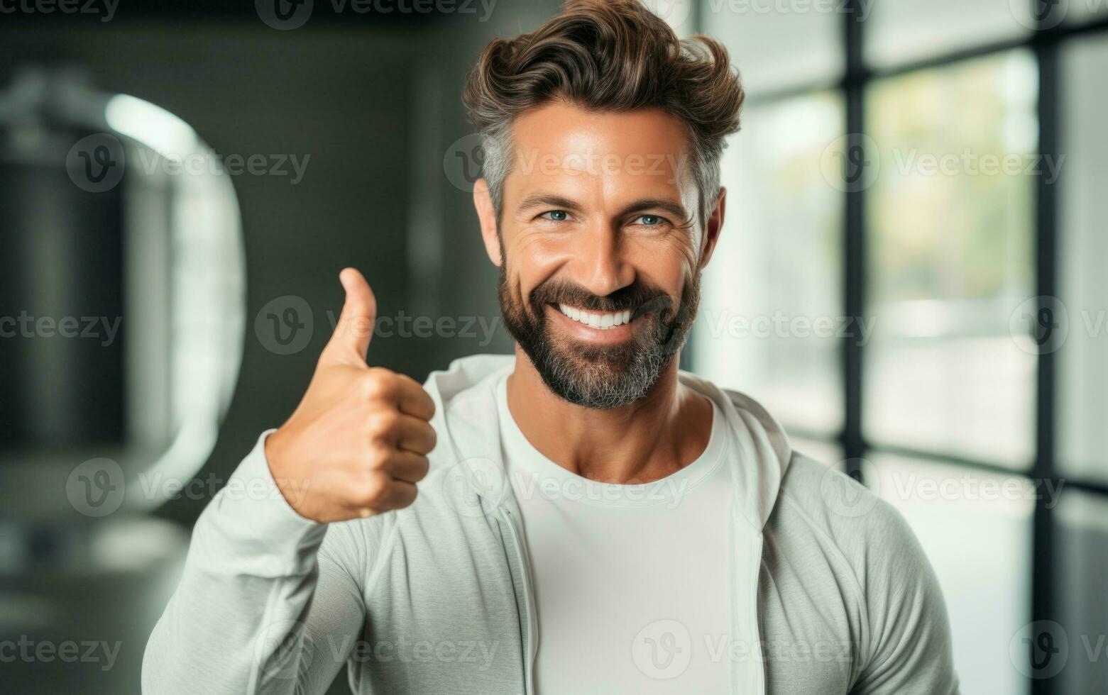 Portrait of a smiling middle aged man giving a thumbs up. AI Generative photo