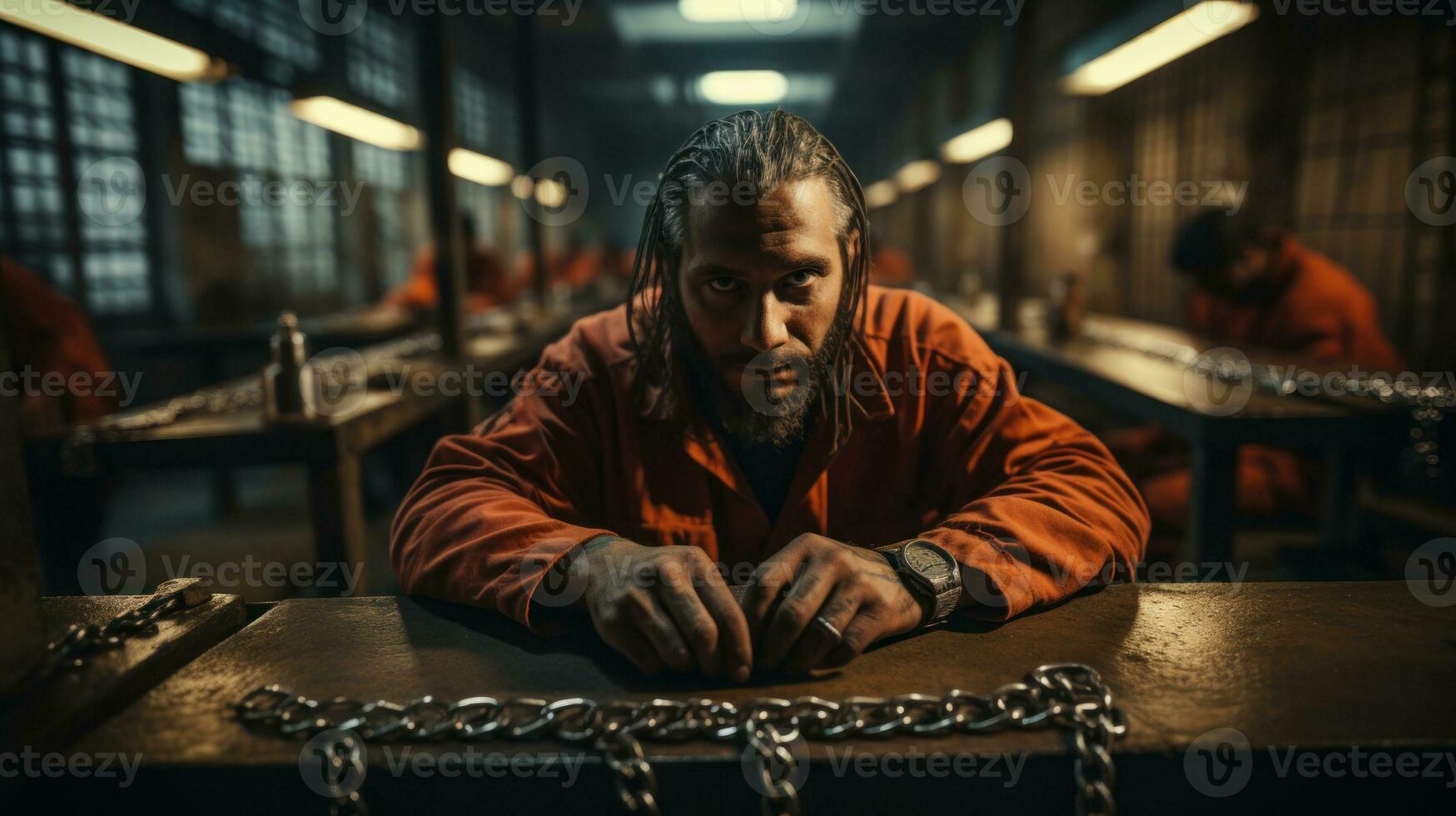 Prisoner with chains in his hands sitting in cell. photo