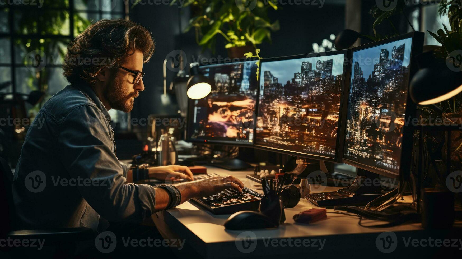 Serious mature man in eyeglasses working on computer. Male programmer sitting at the workplace with three monitors in the office. photo