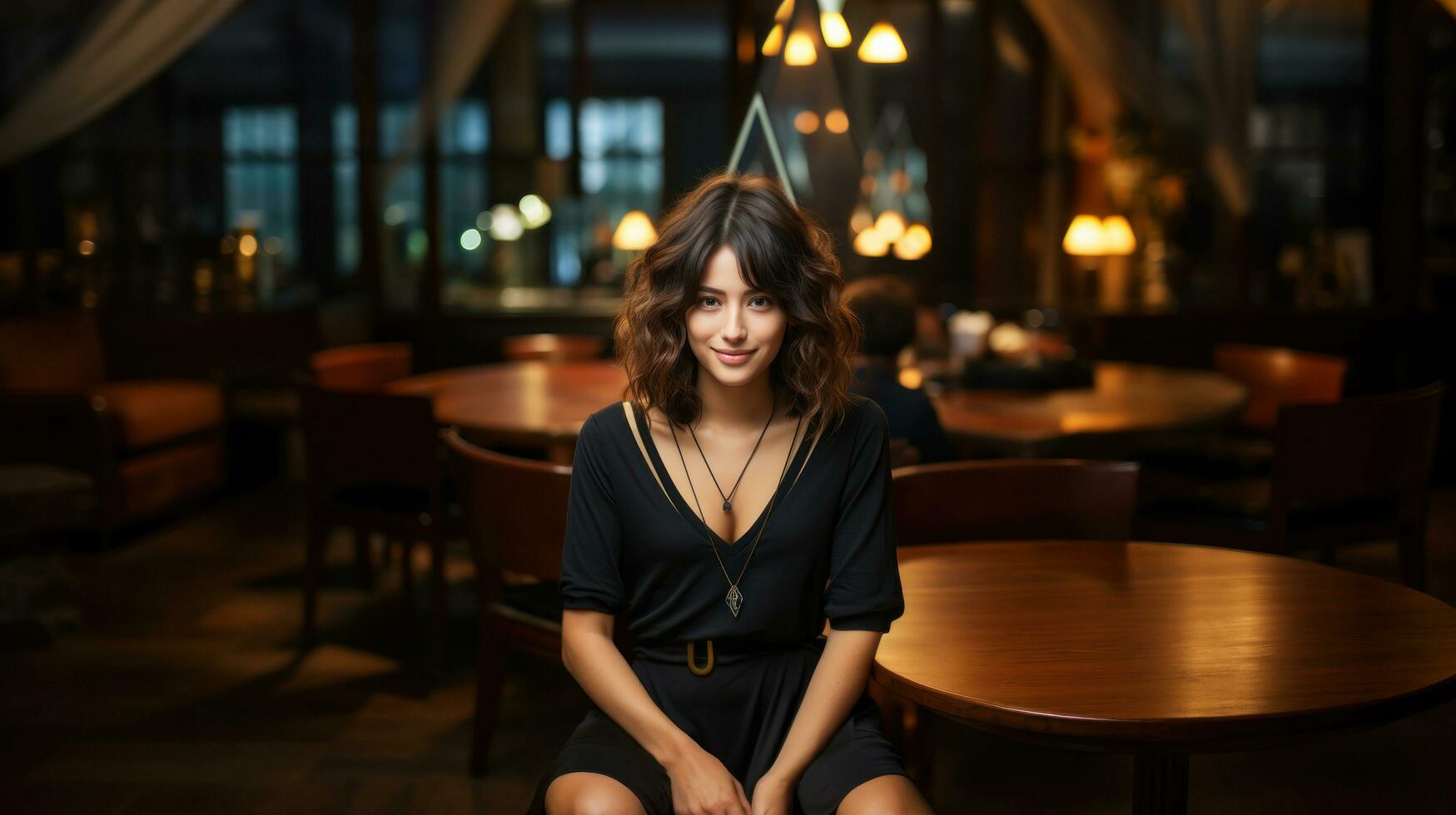 Portrait of a beautiful young sexy woman in a black dress sitting in cafe, blind date theme. photo