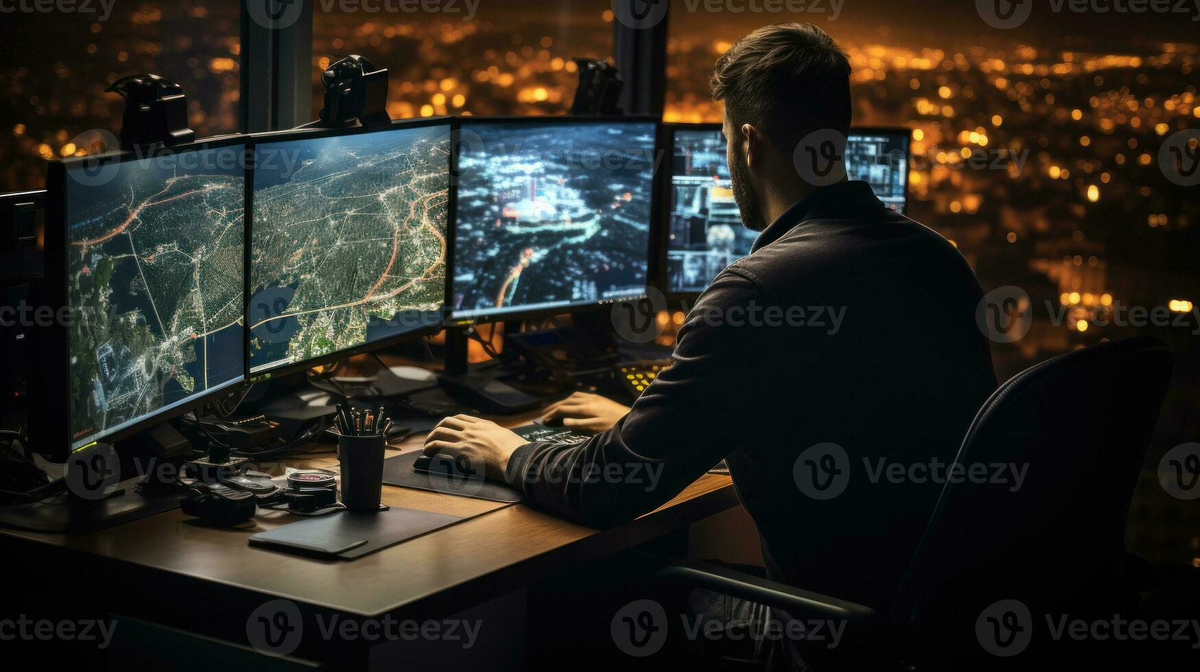 Back view of young ma sitting in front of computer monitors and looking at cadastre map plan in night. Real estate poperty land. photo