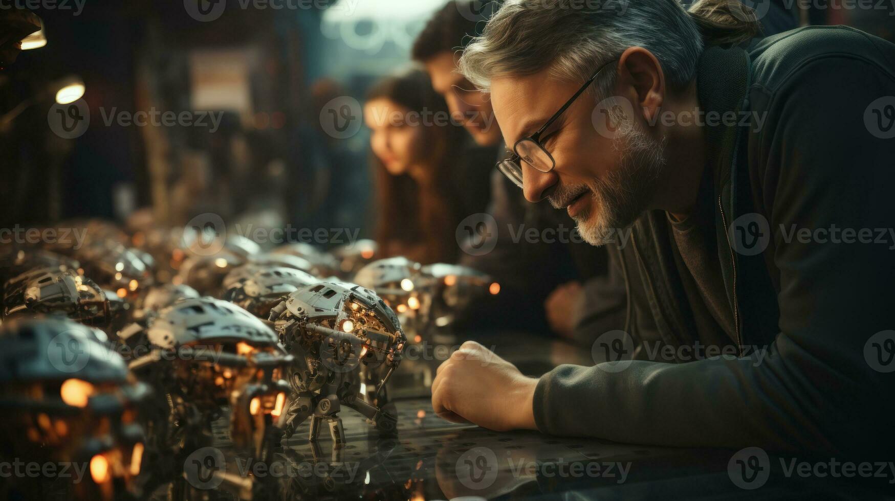 Group of mechanic engineers repairing small robots in the workshop at night. photo