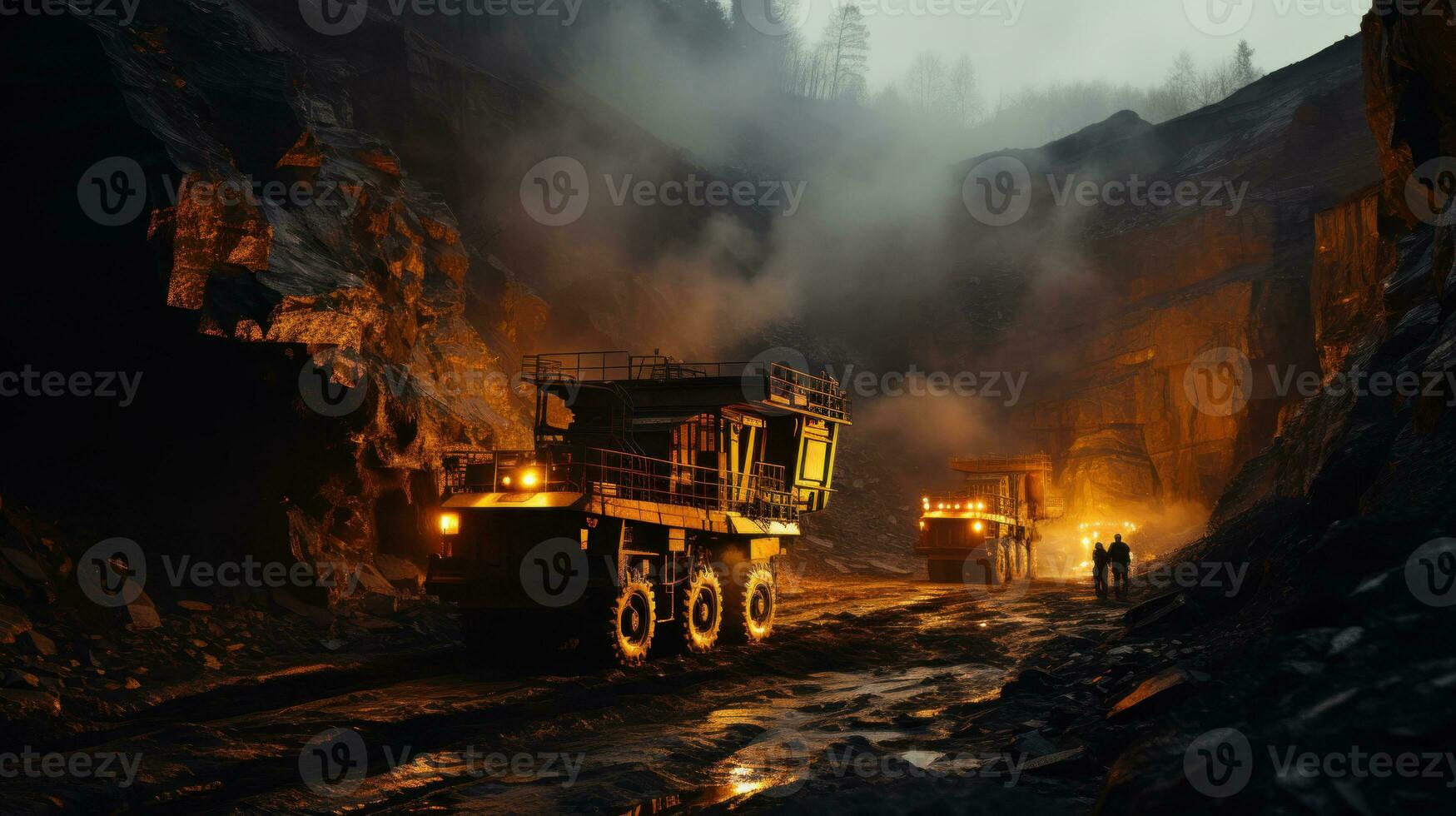 Coal mining in an open pit mine with heavy machinery at night. photo