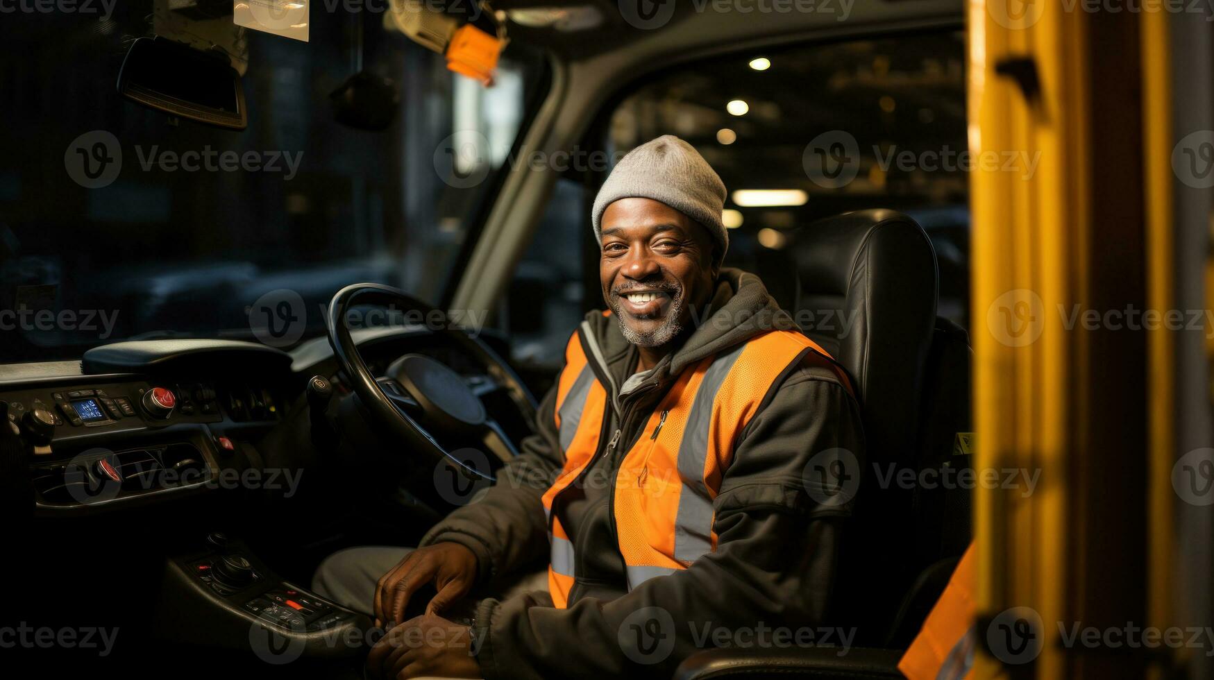 Smiling african american male driver driving a truck at night. photo