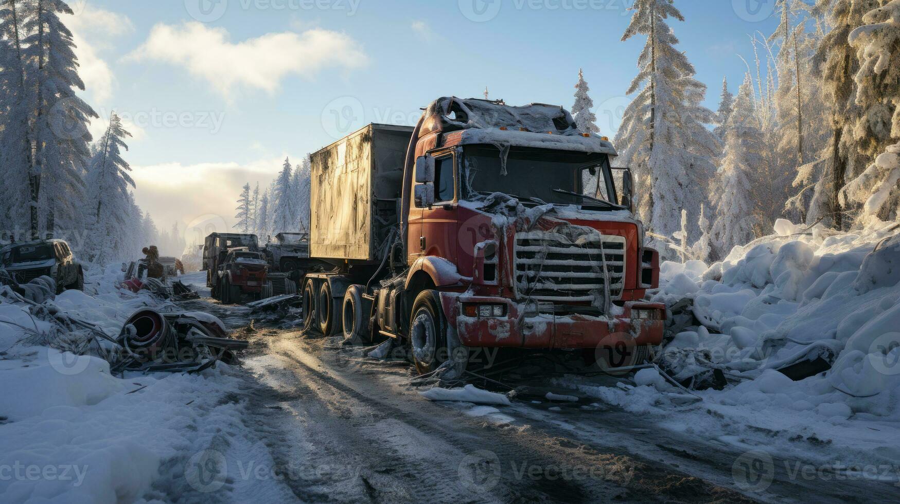 Truck accident with snow on the road in winter forest. photo