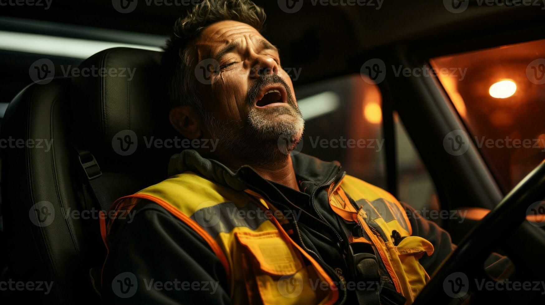 Exhausted driver sleeps and snores in the truck. photo