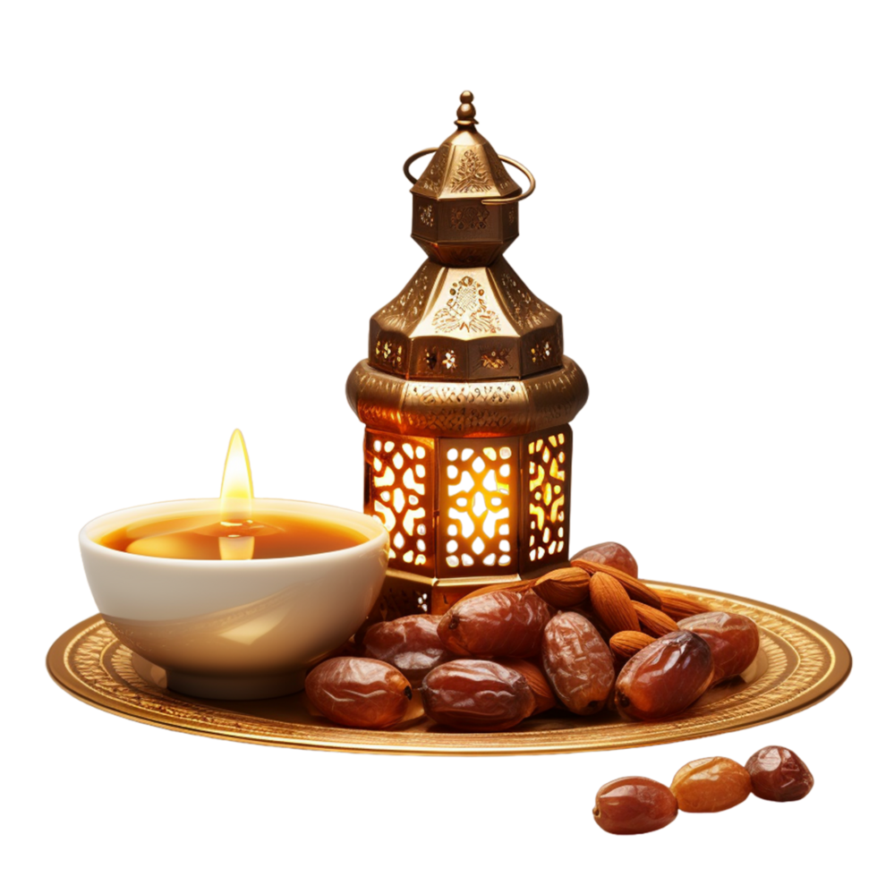Ramadán kareem y iftar musulmán alimento, fiesta concepto cuenco con seco fechas ai generativo png