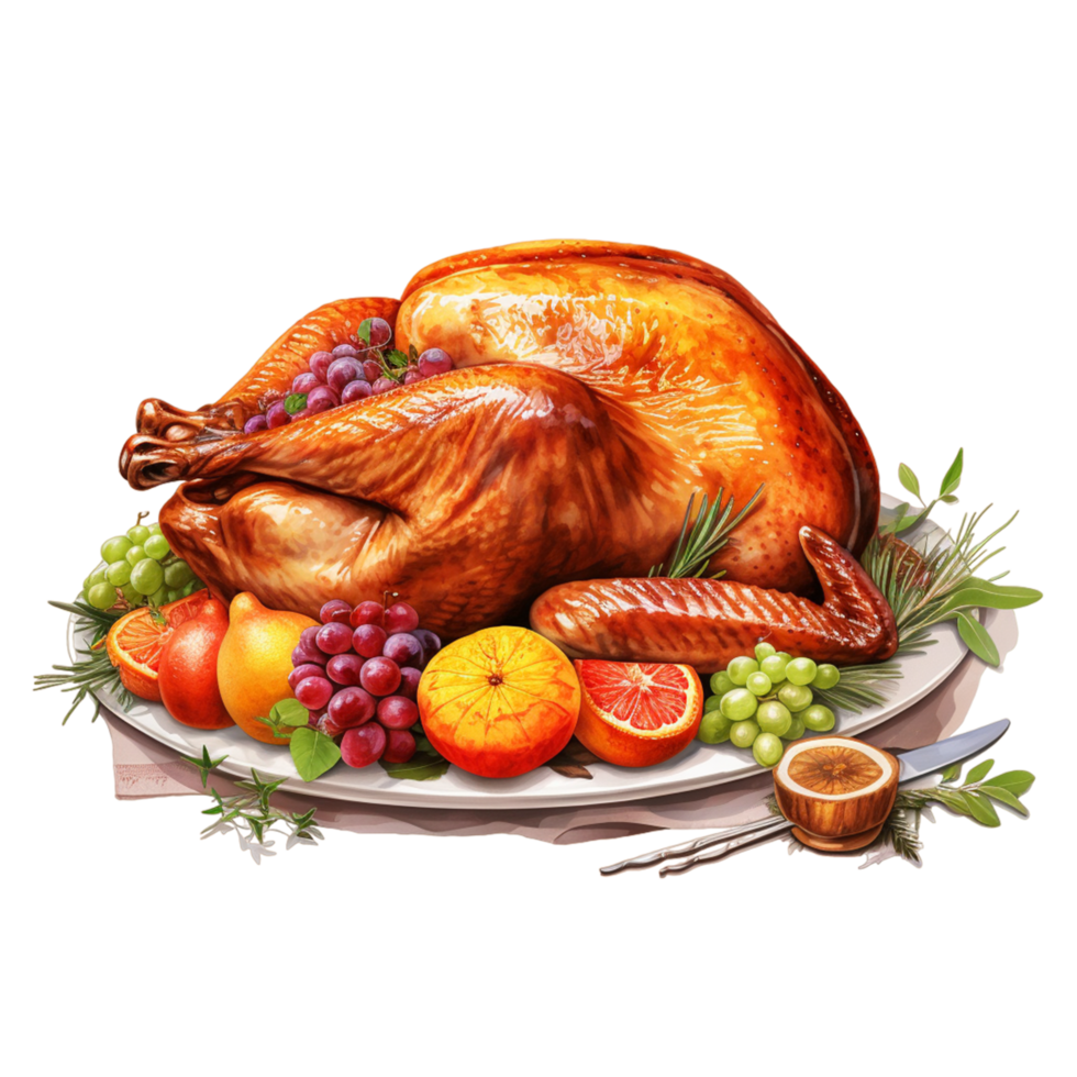 Thanksgiving Turkey Food Dinner Roast Whole Chicken With Vegetables On Plate Ai Generative png