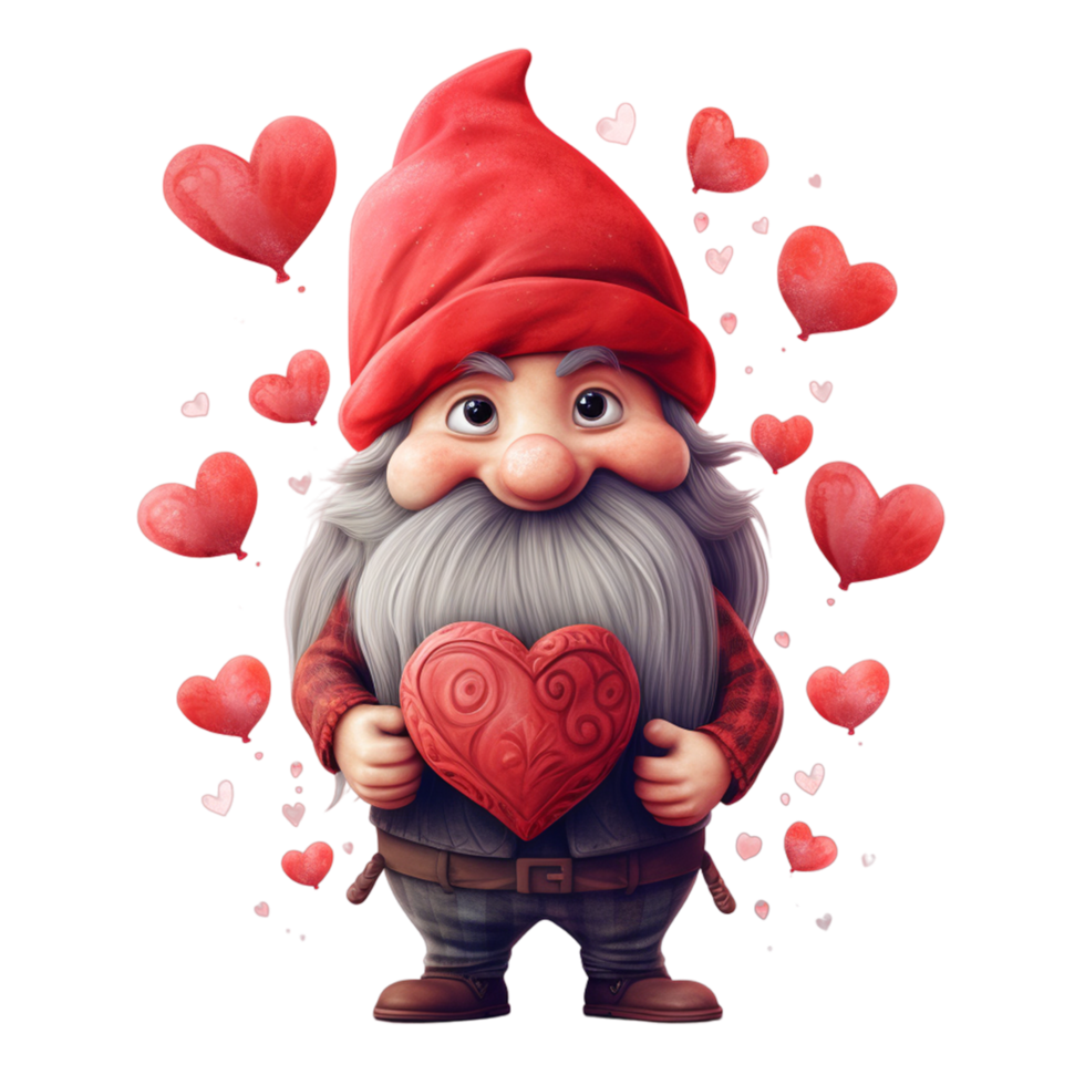 Valentines day gnome holding red love heart Ai Generative png