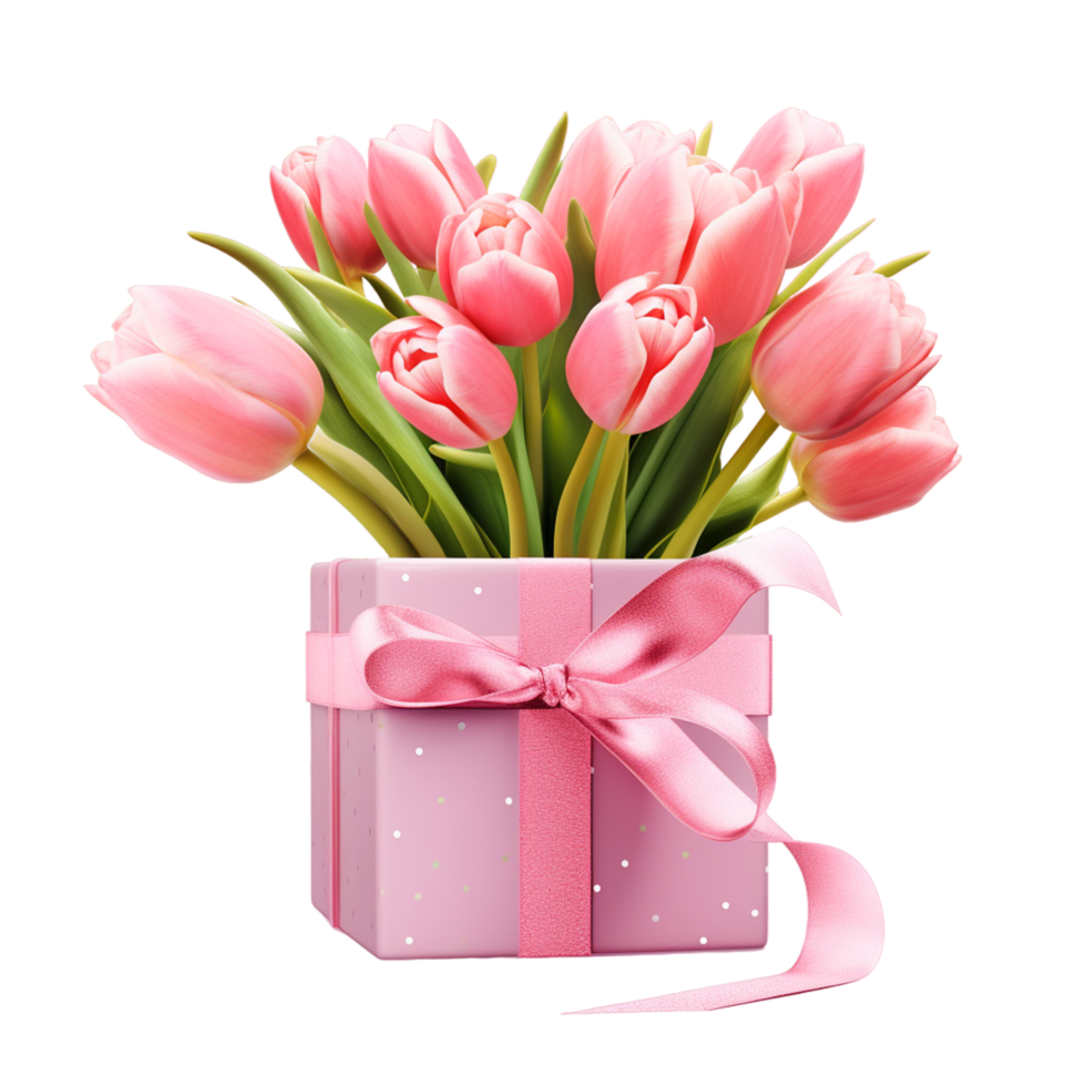 Pink gift box with tulips flower Ai Generative png
