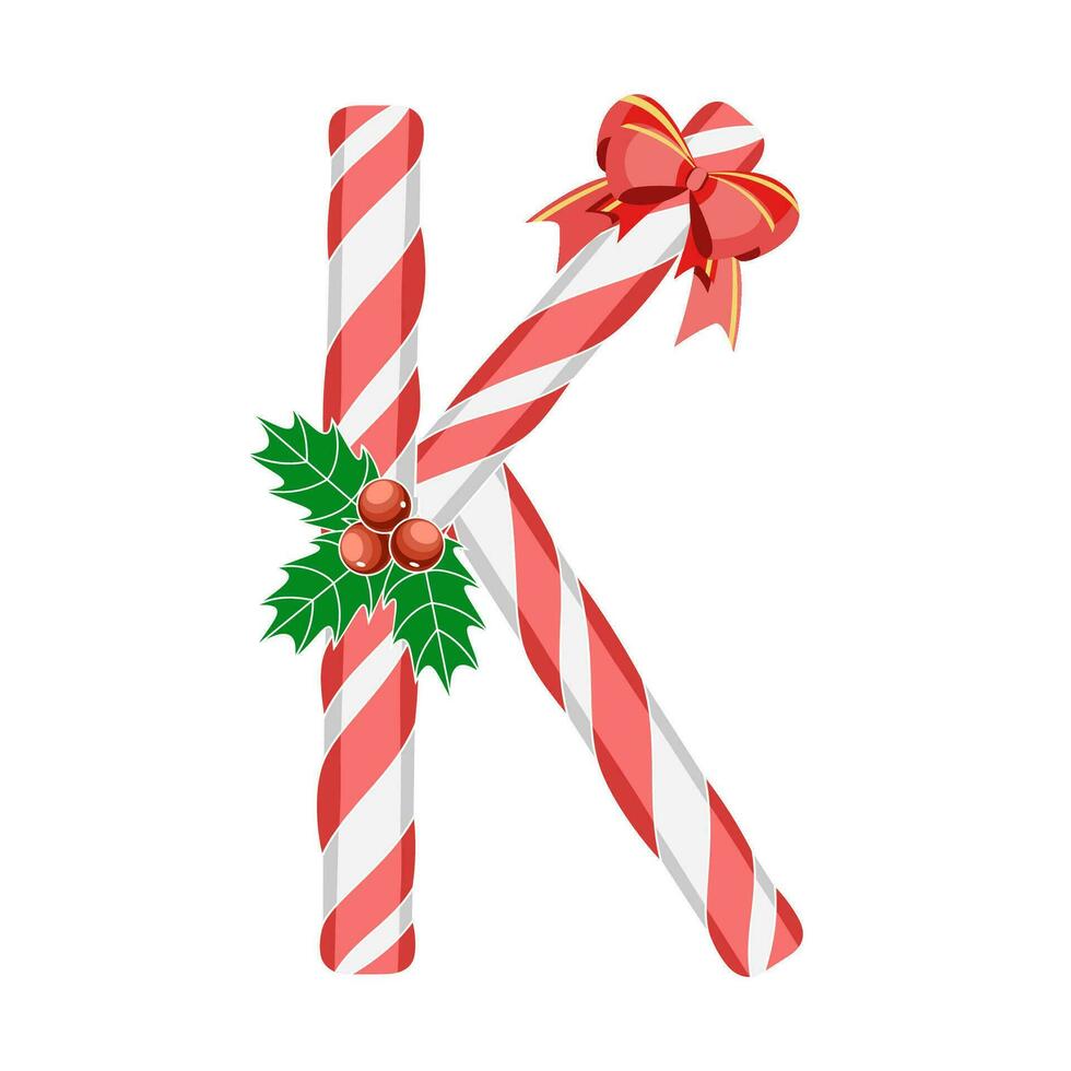 Letter K with Christmas decorations, holiday font. Vector illustration