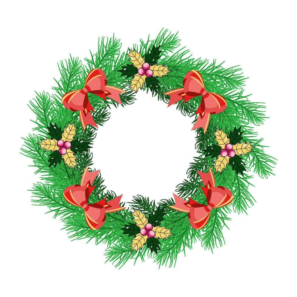 Christmas wreath with fir branches, holly berry and red bow vector