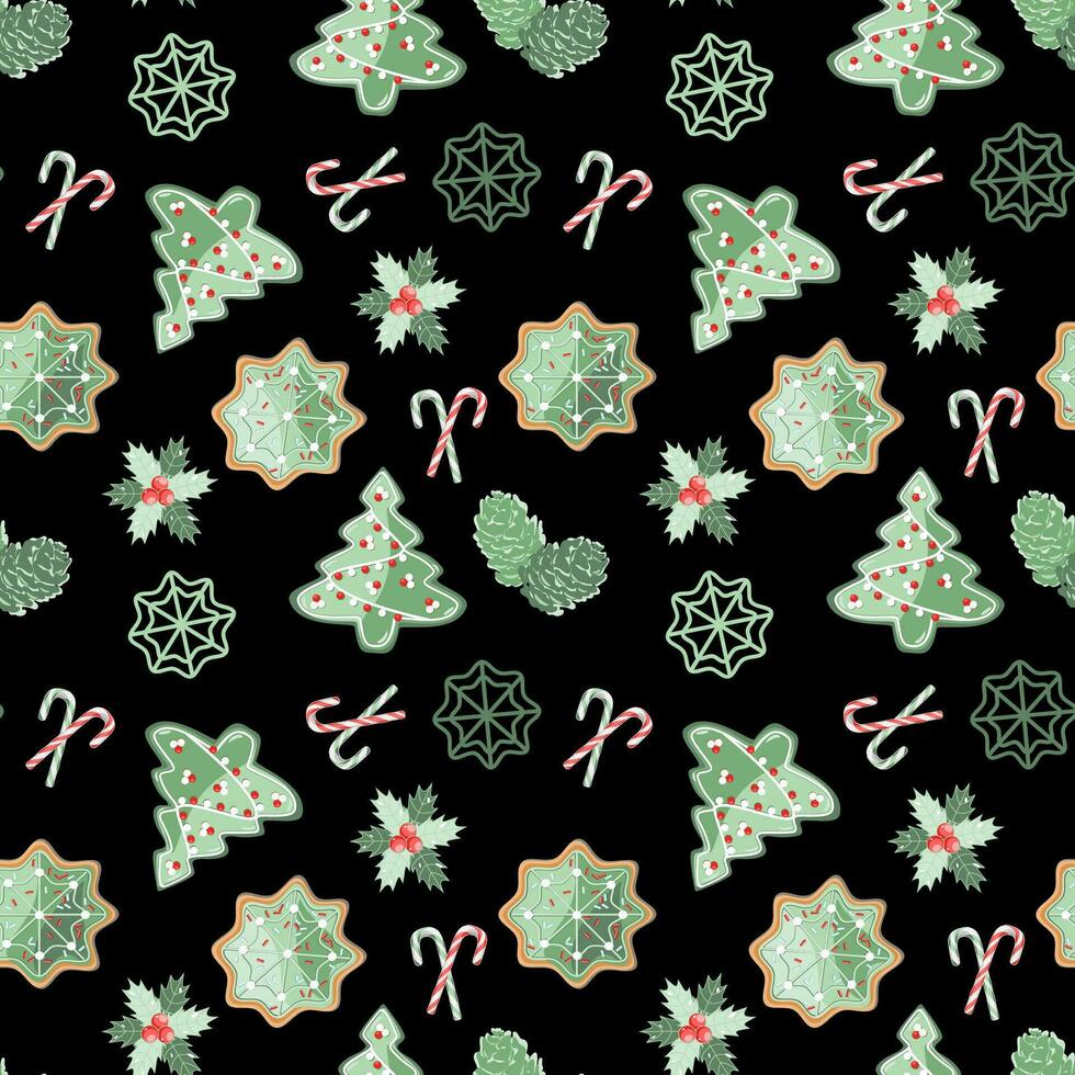 Seamless winter holiday pattern with Christmas decorations on a black background vector