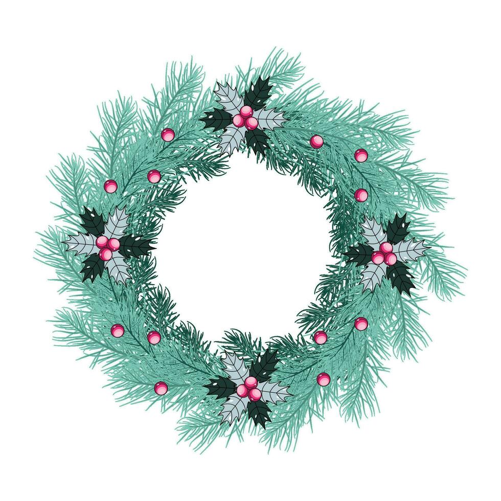 Christmas wreath with fir branches and holly berries vector