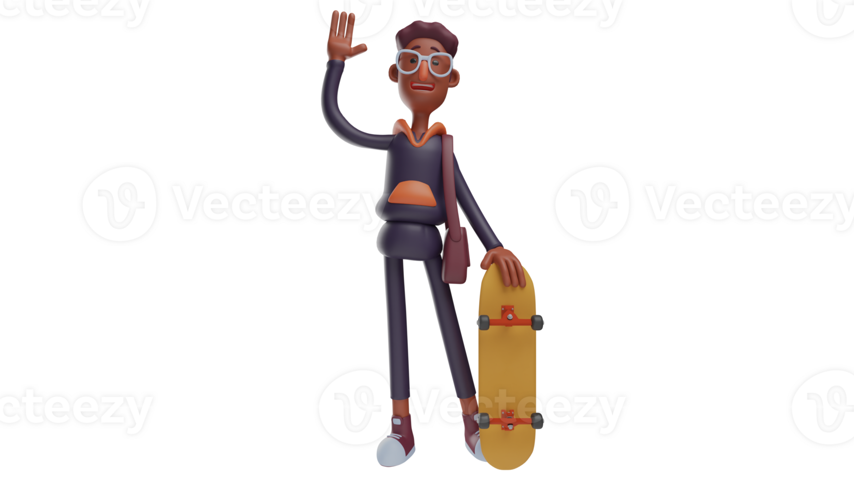 3D illustration. Enterprising Young Man 3D Cartoon Character. Young man carrying a skateboard. Student who has a hobby of skating. Handsome young man who is going to skate. 3D cartoon character png