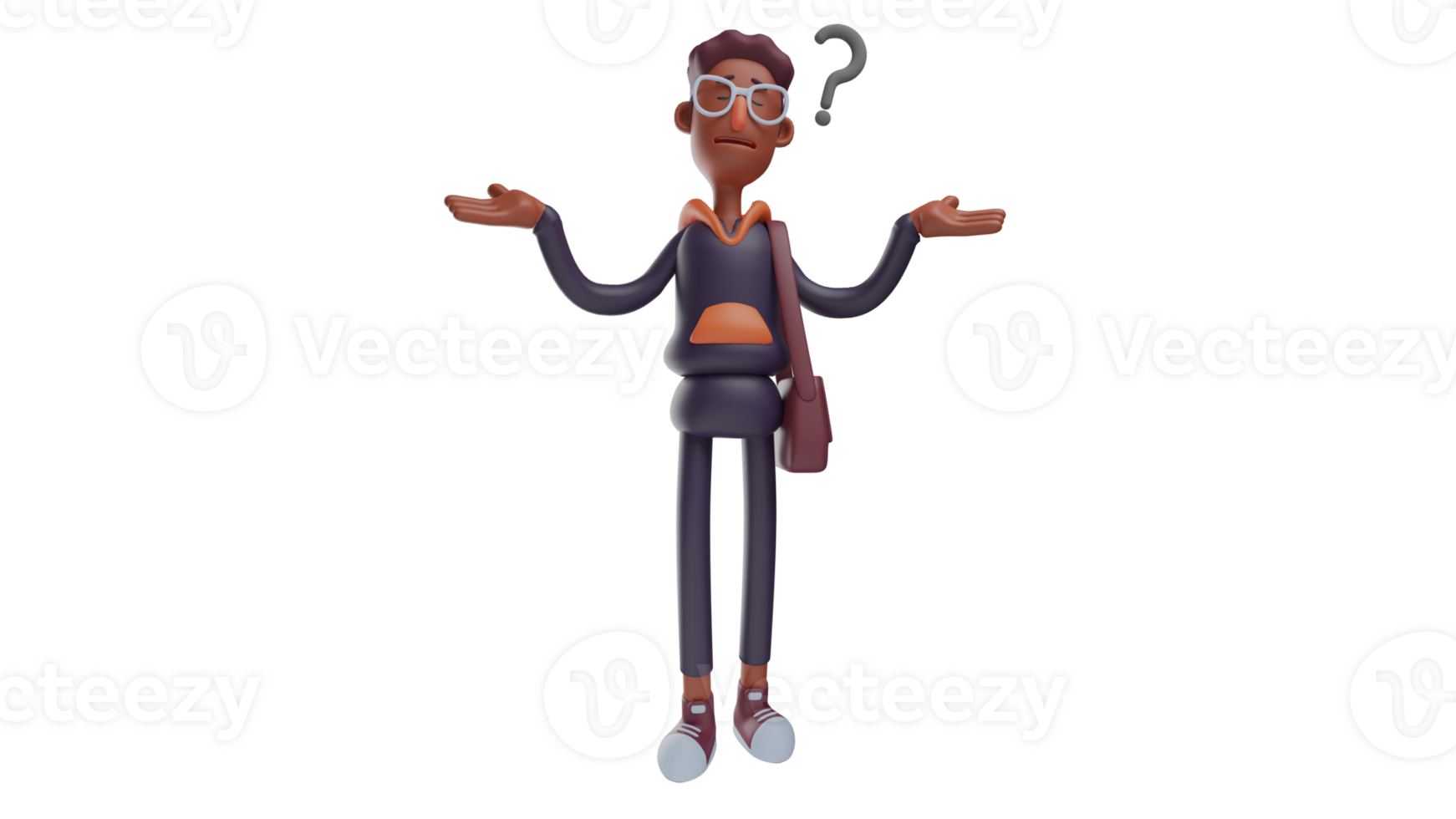 3D illustration. Confused Student 3D Cartoon Character. A tall, brown-skinned young man. Student raise both hands and have a question mark next to them. 3D cartoon character png