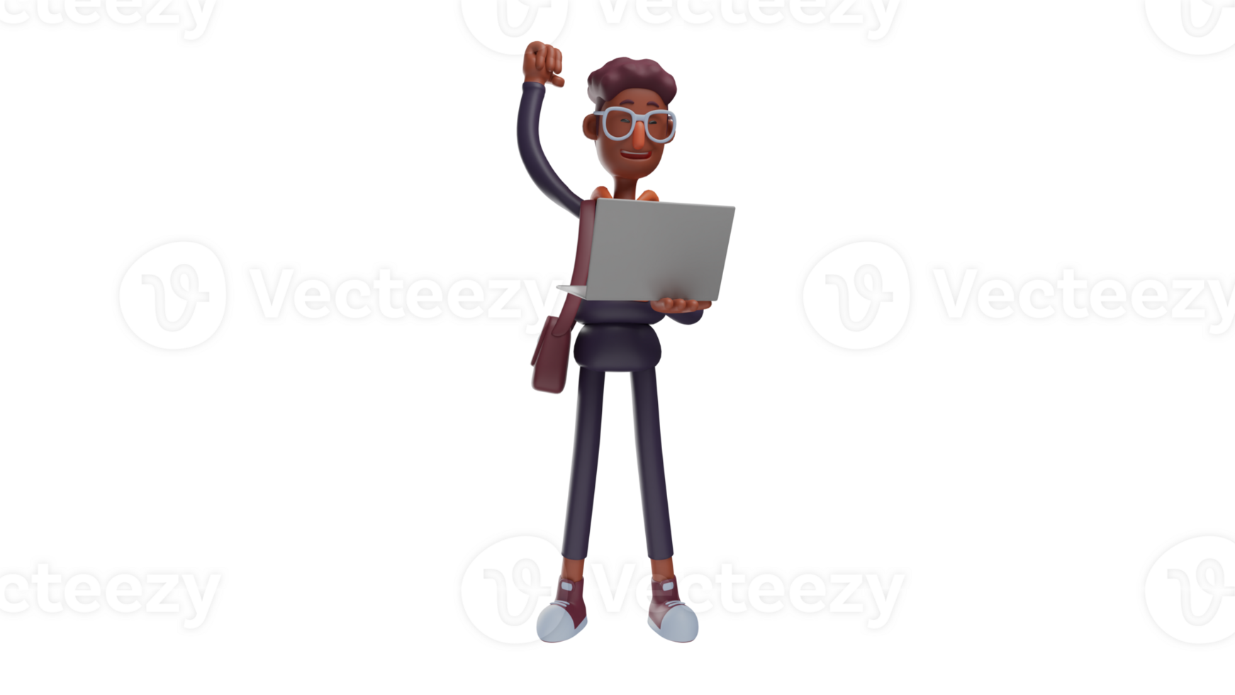 3D illustration. Charming Man 3D Cartoon Character. Student standing while carrying laptop. Student show enthusiastic expression and body gesture. 3D cartoon character png